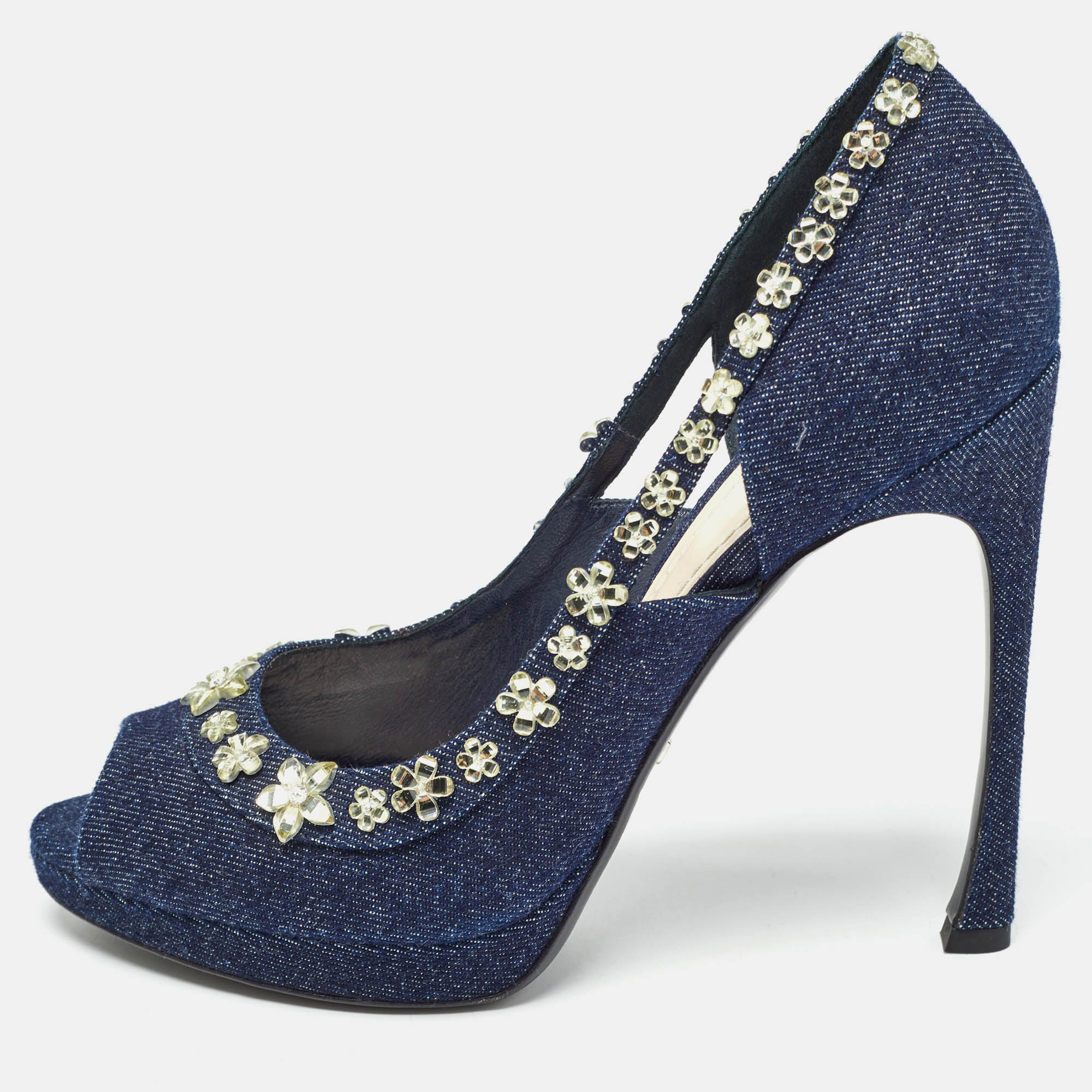 Dior navy blue denim crystal embellished peep toe pumps size 40.5
