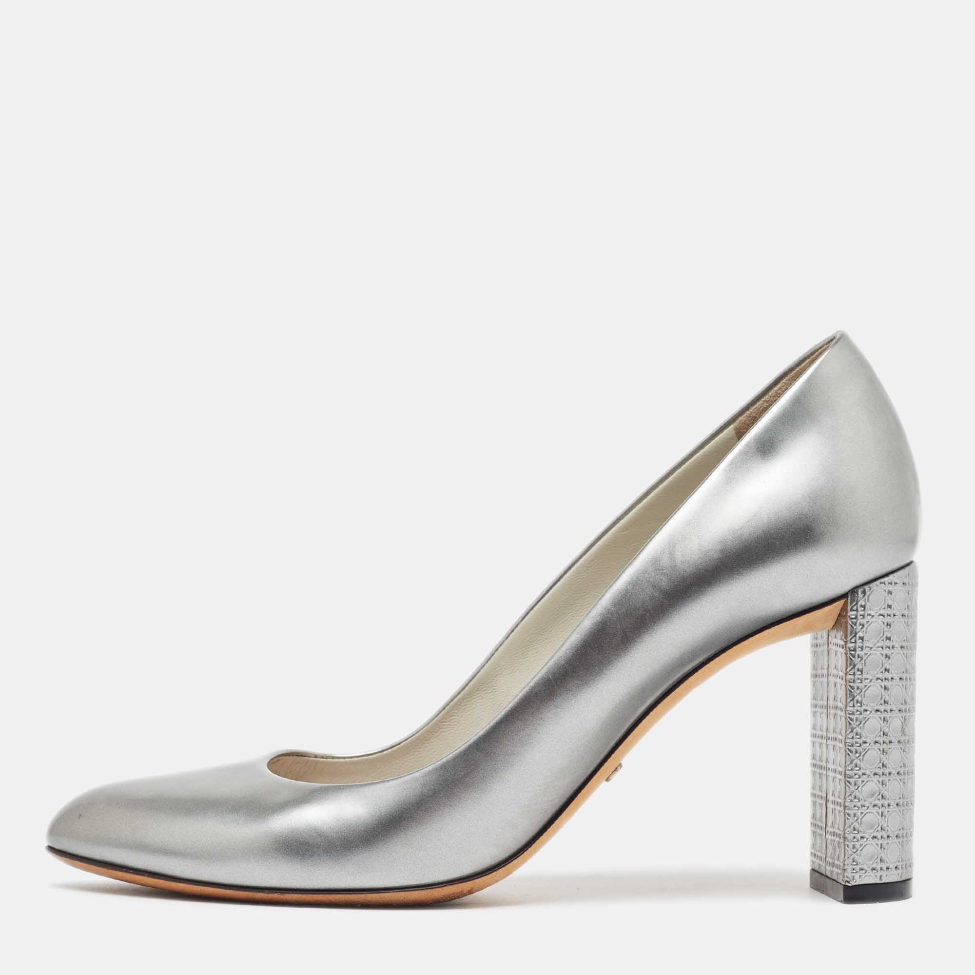 Dior silver leather cannage  block heel pumps size 38