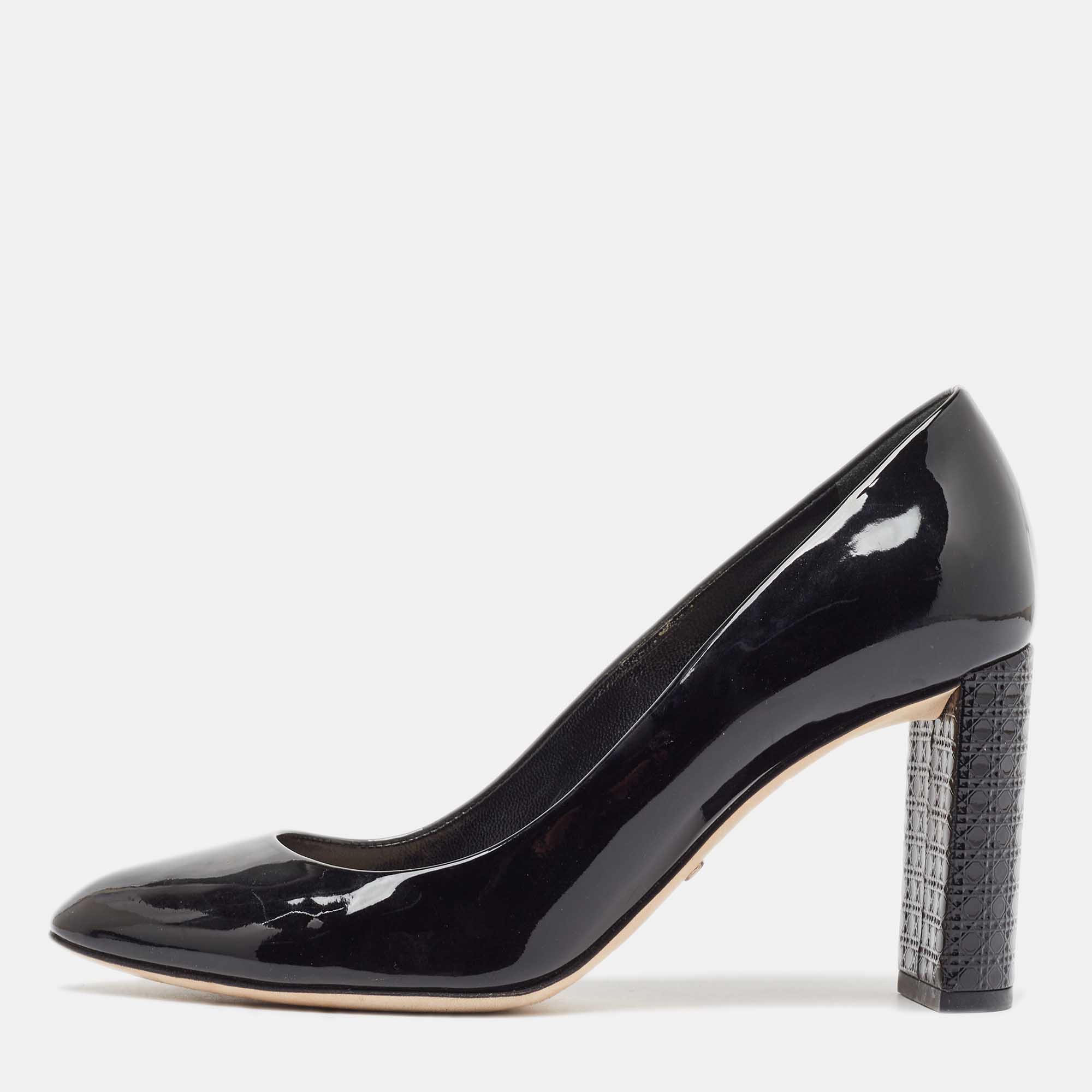 Dior black patent leather cannage block heel pumps size 37.5