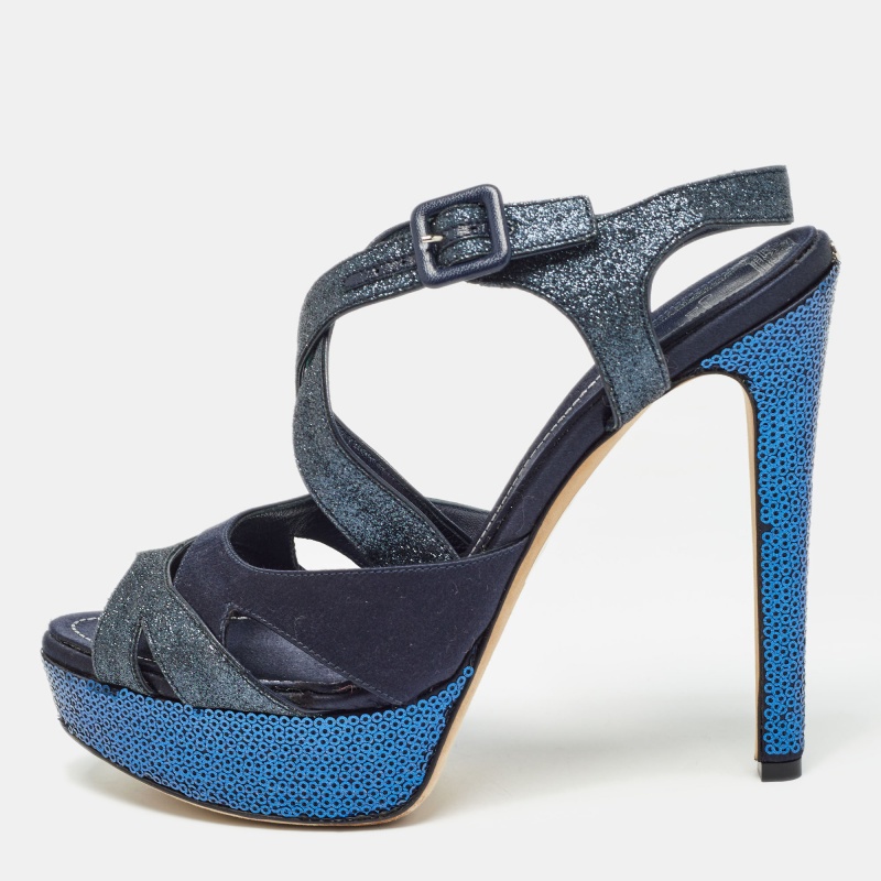 Dior blue satin and glitter platform ankle strap sandals size 40