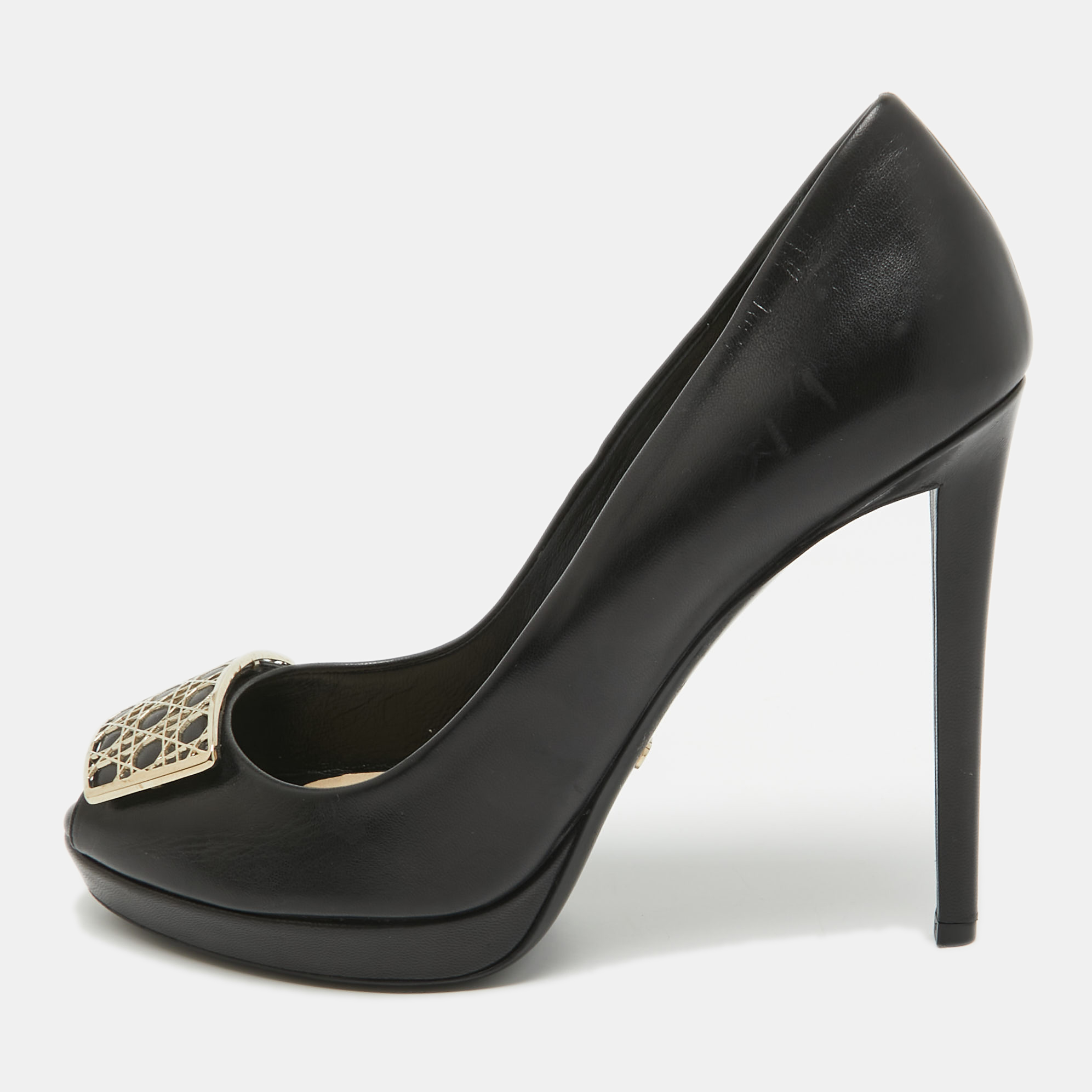 Dior black leather cannage plaque peep toe platform pumps size 41