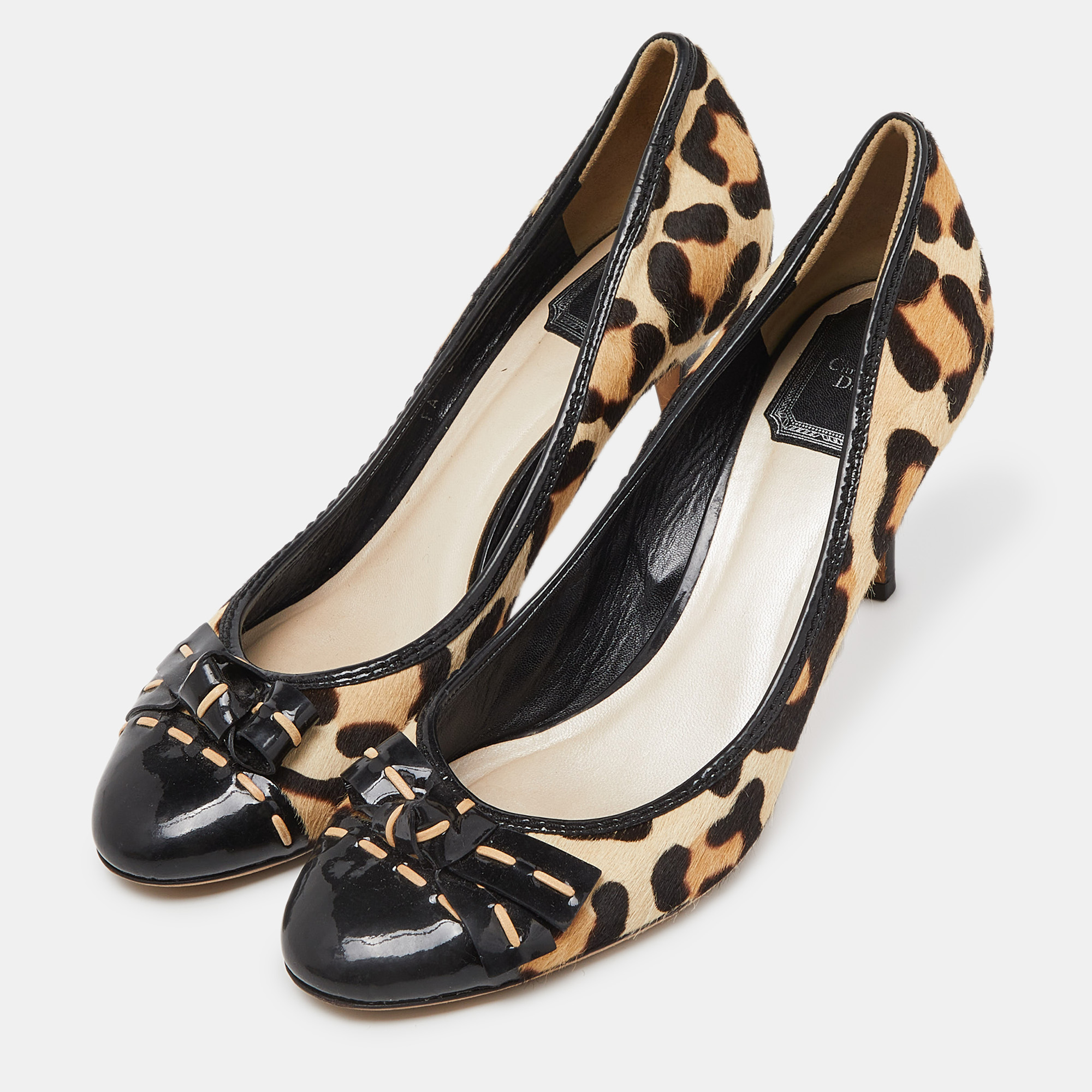 Dior Black/Beige Leopard Print Calf Hair And Patent Bow Pumps Size 39