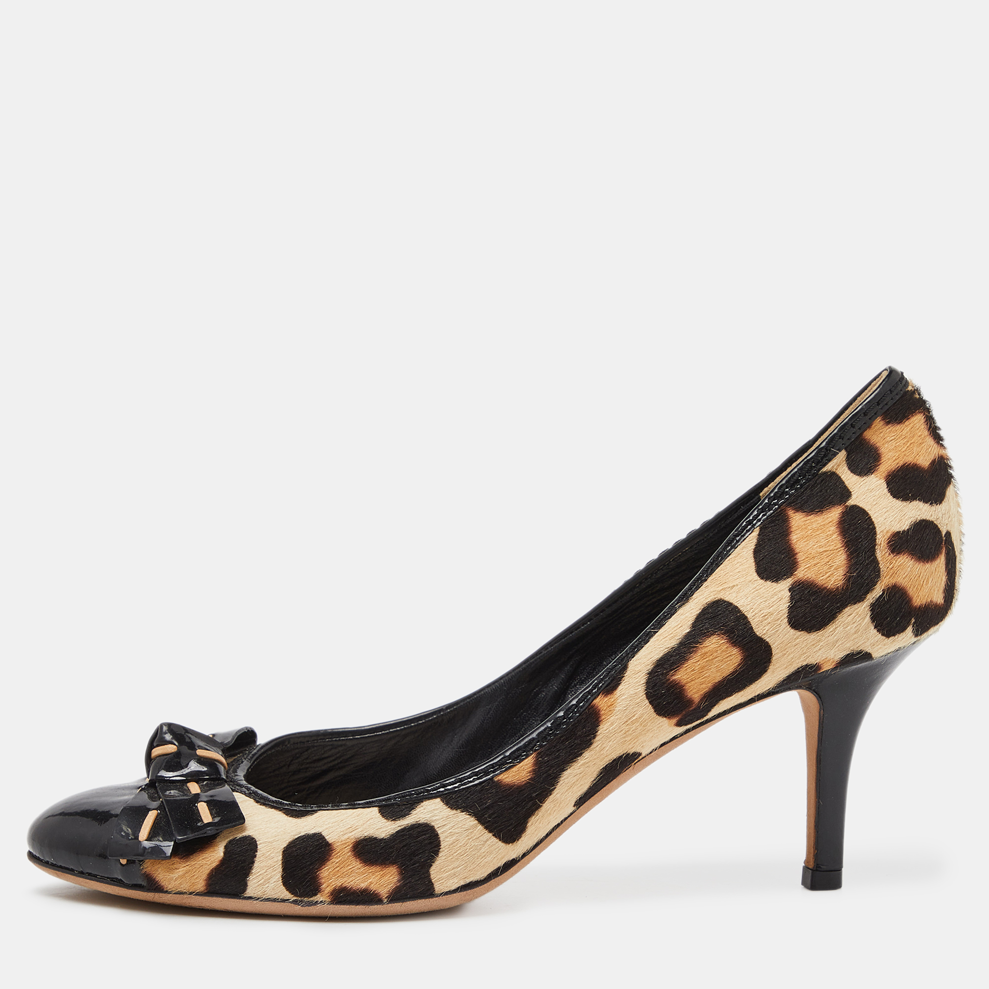 Dior black/beige leopard print calf hair and patent bow pumps size 39