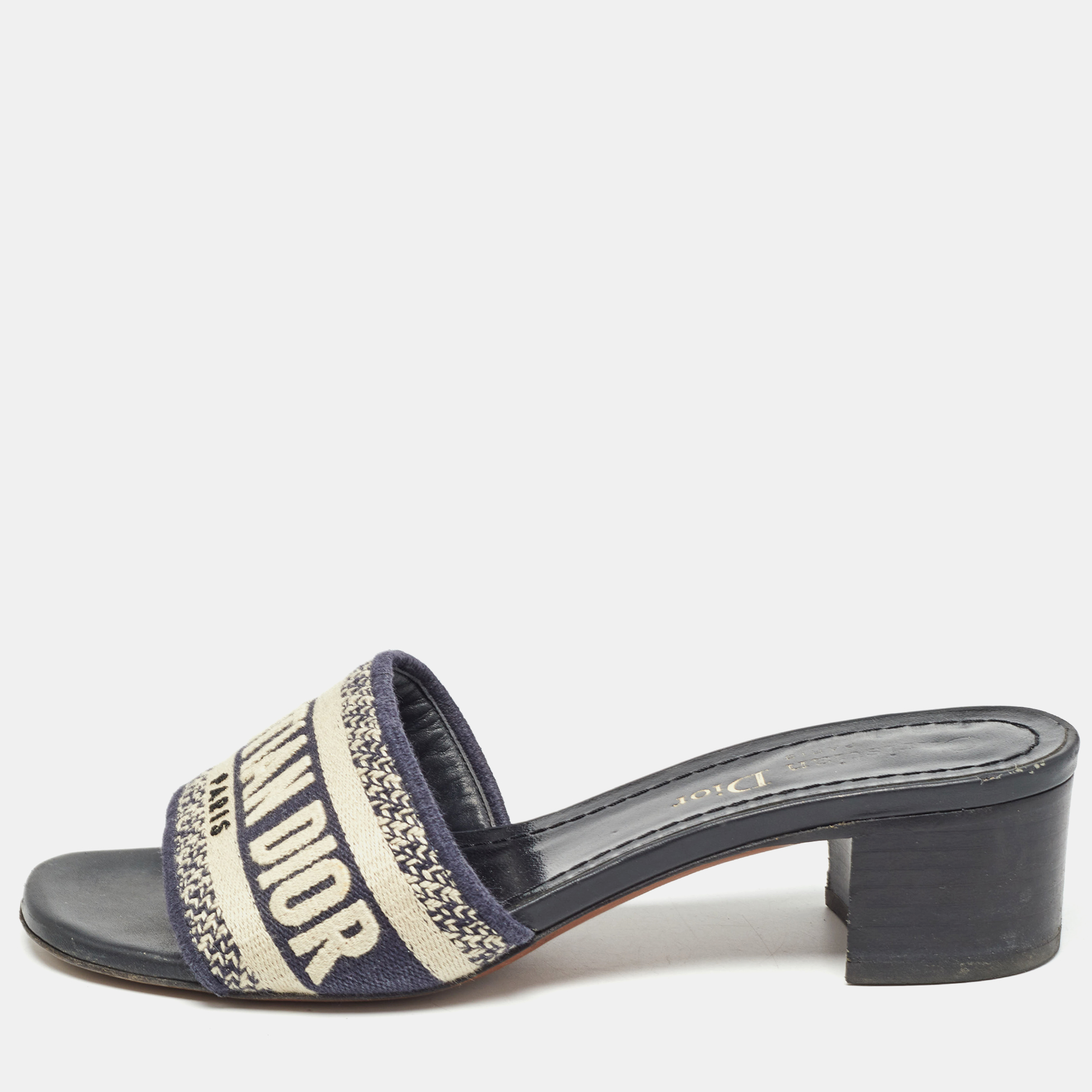 Dior beige/blue canvas dway open toe slide sandals size 34
