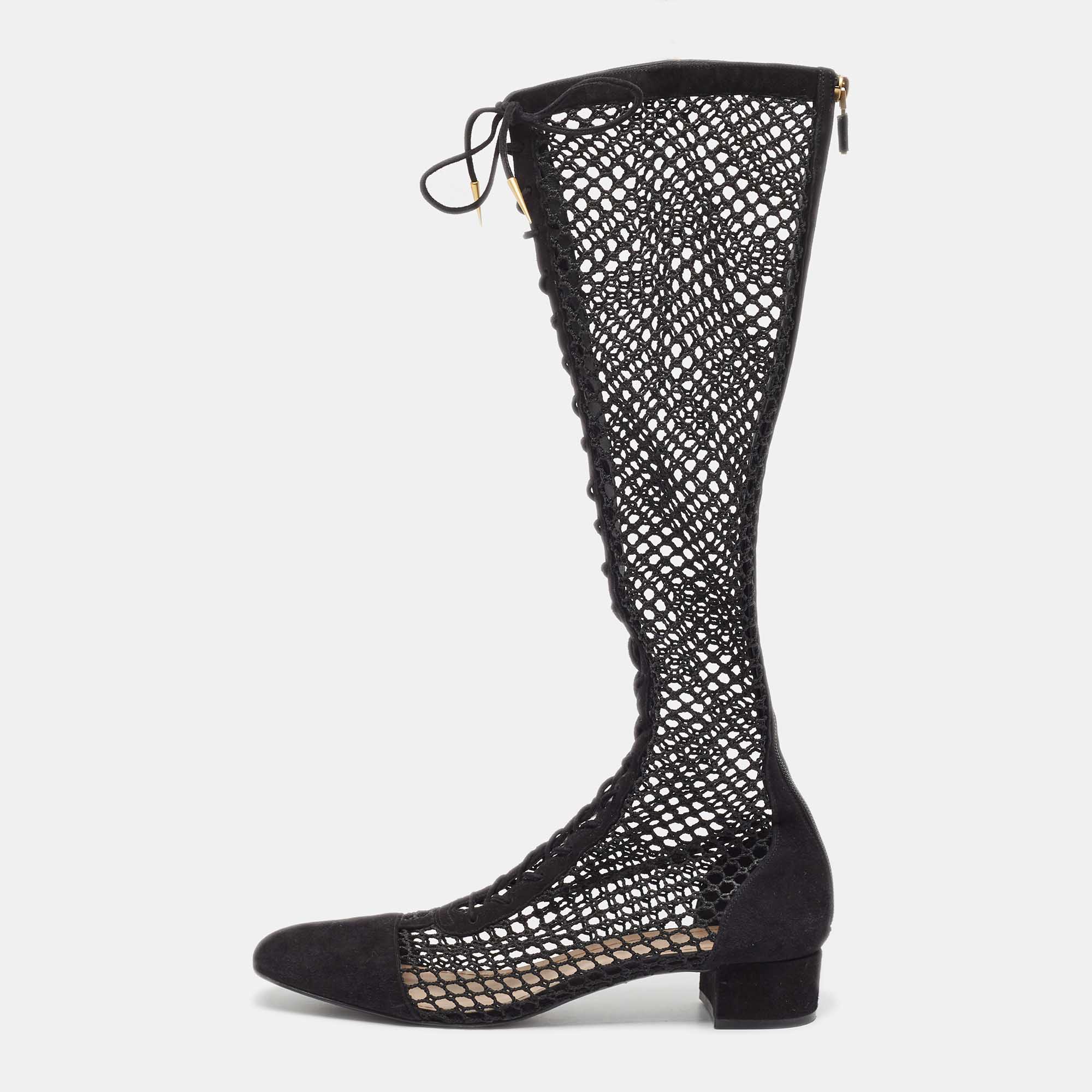 Dior black suede and fishnet naughtily-d knee length boots size 42