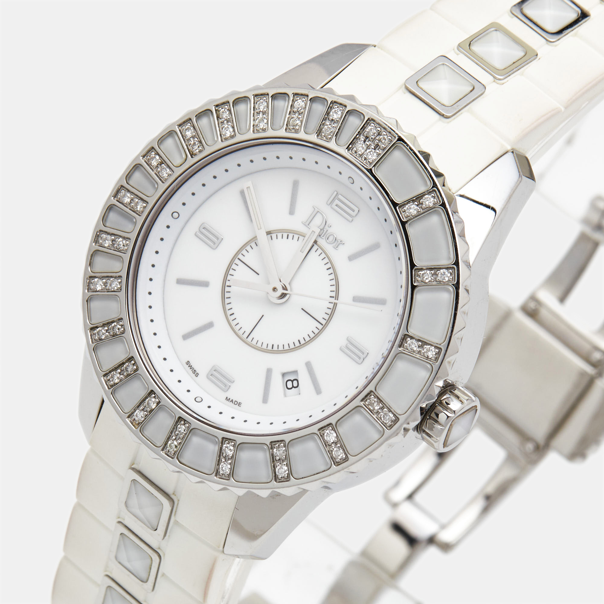 Dior White Stainless Steel Diamond Rubber Christal CD113112R001 Women's Wristwatch 33 Mm