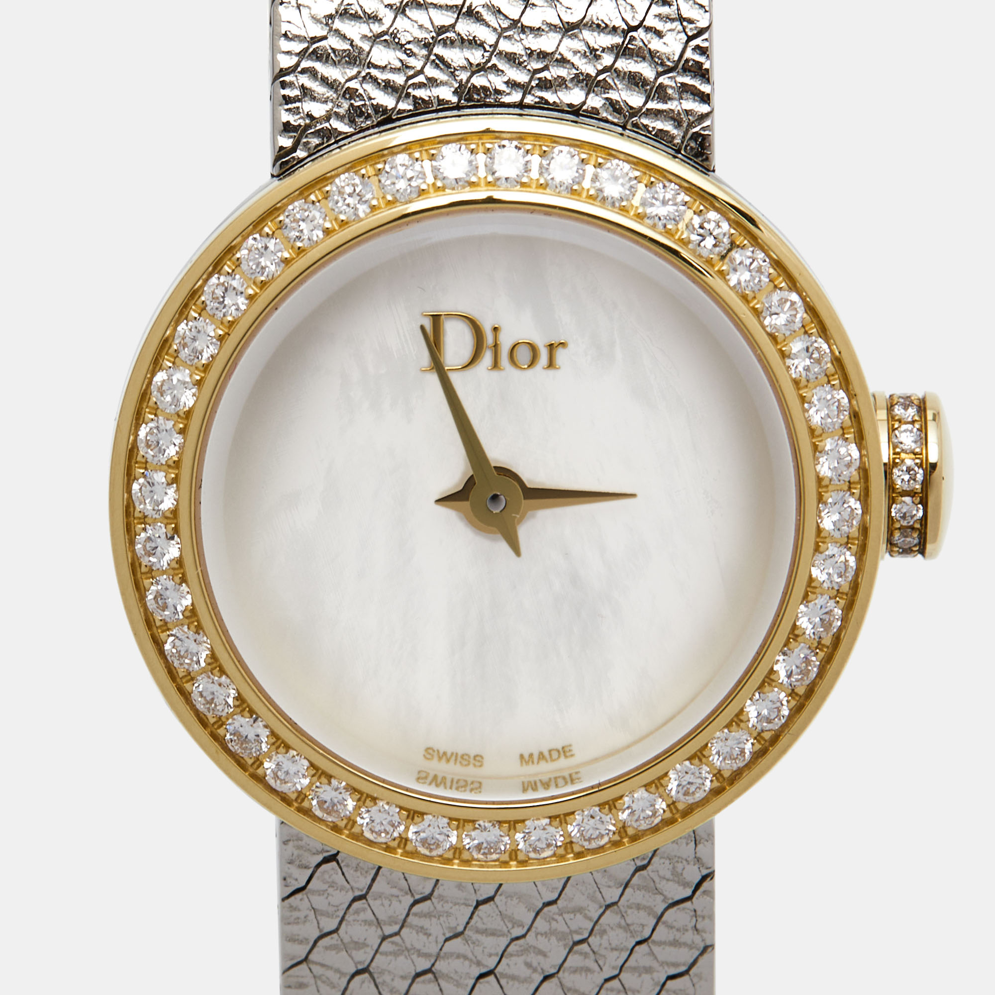 Dior Mother Of Pearl Diamond 18K Yellow Gold Stainless Steel La Mini D Dior Satine CD040120M003 Women's Wristwatch 19 Mm