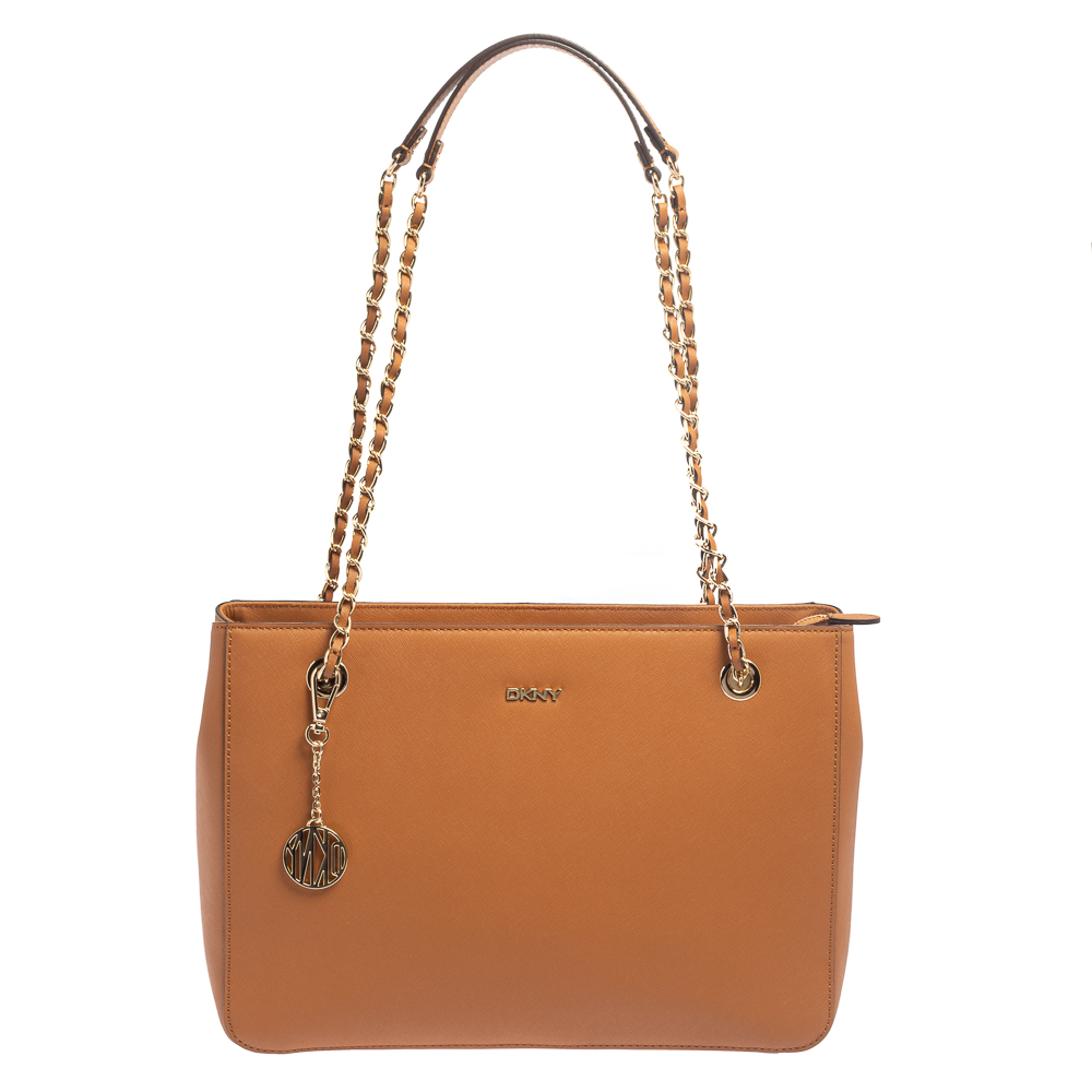 DKNY Tan Saffiano Leather Bryant Park Chain Tote