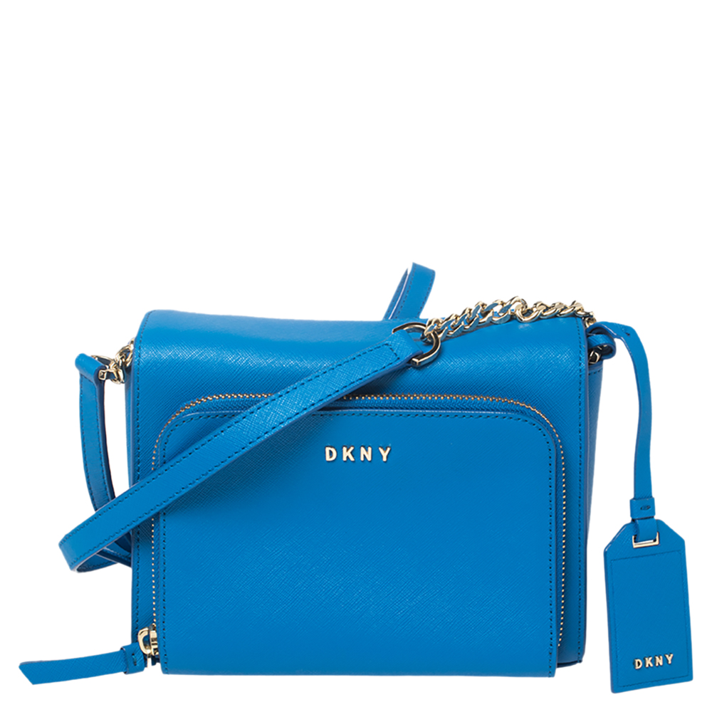 DKNY Blue Saffiano Leather Small Bryant Park Pocket Crossbody Bag