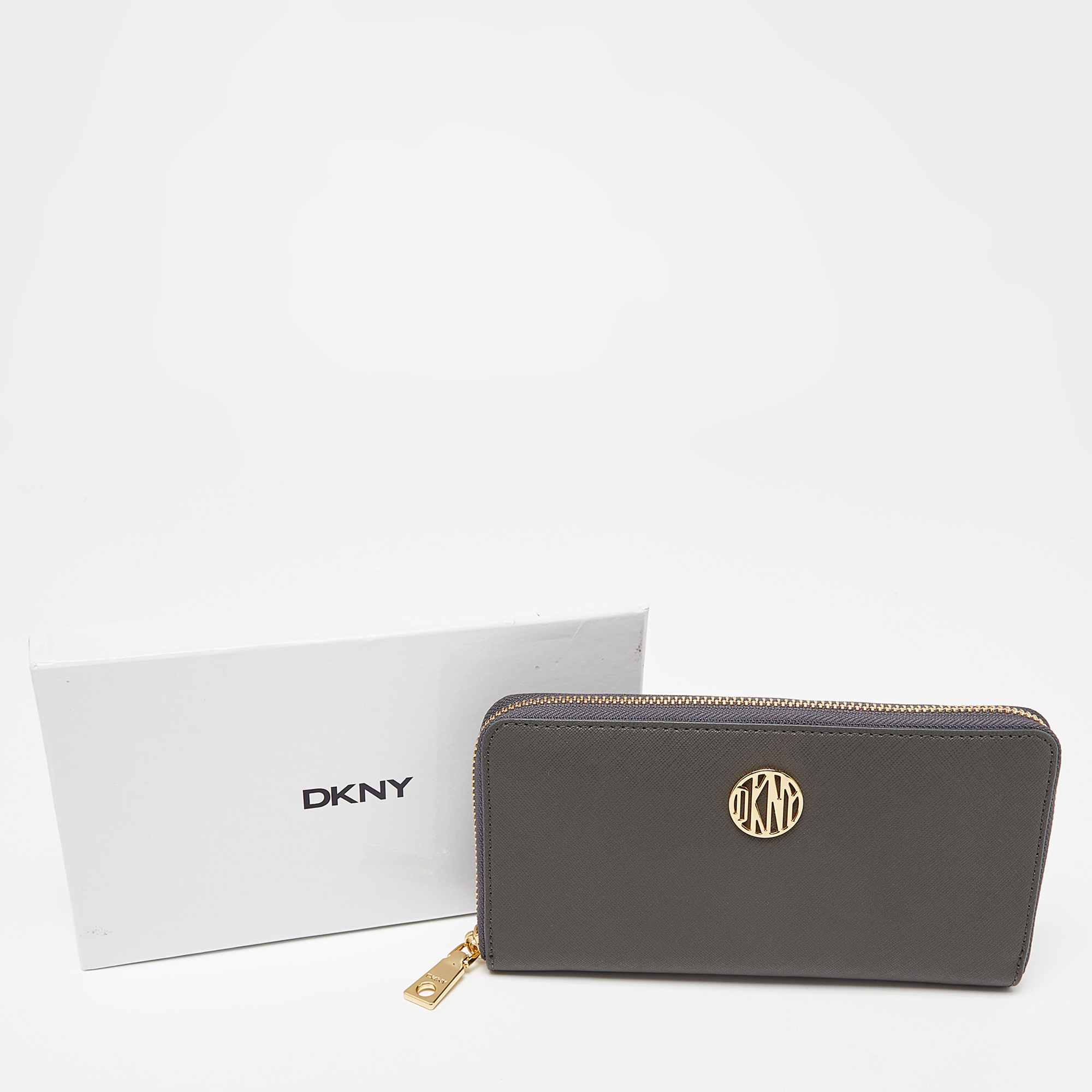 DKNY Grey Saffiano Leather Zip Around Wallet