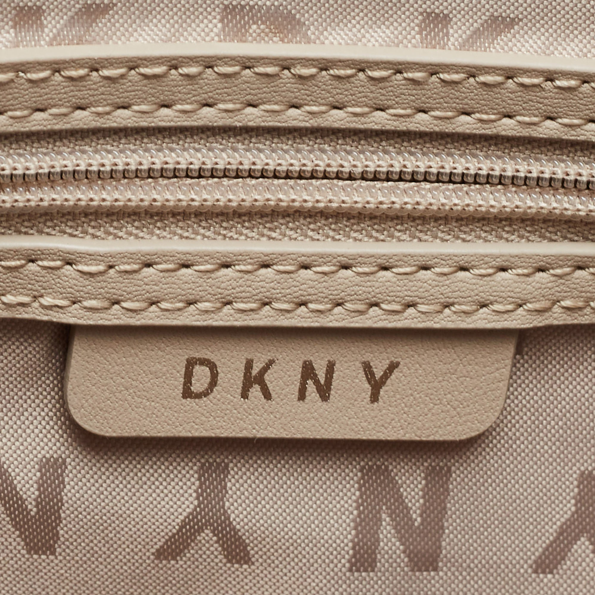 DKNY Beige/Brown Signature Coated Canvas And Leather Top Zip Shopper Tote