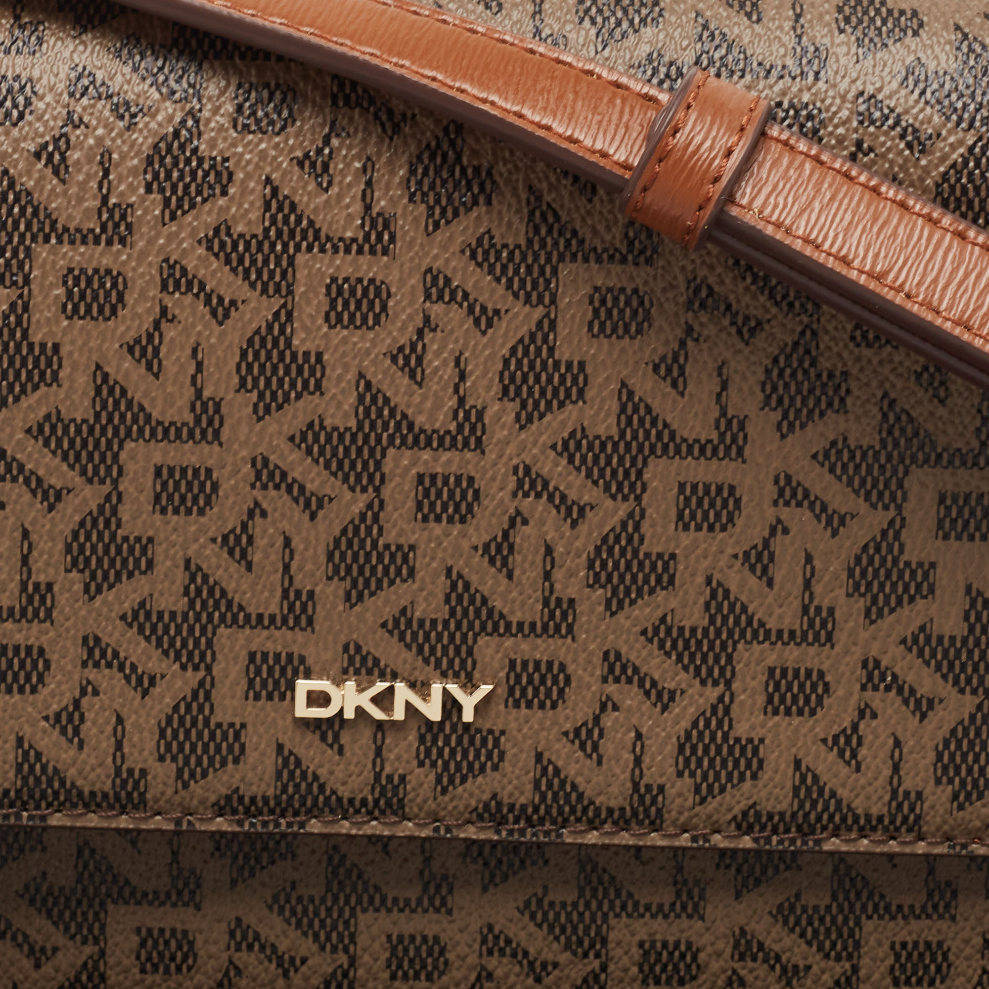 DKNY Two Tone Brown Signature Coated Canvas Bryant Park Flap Crossbody Bag