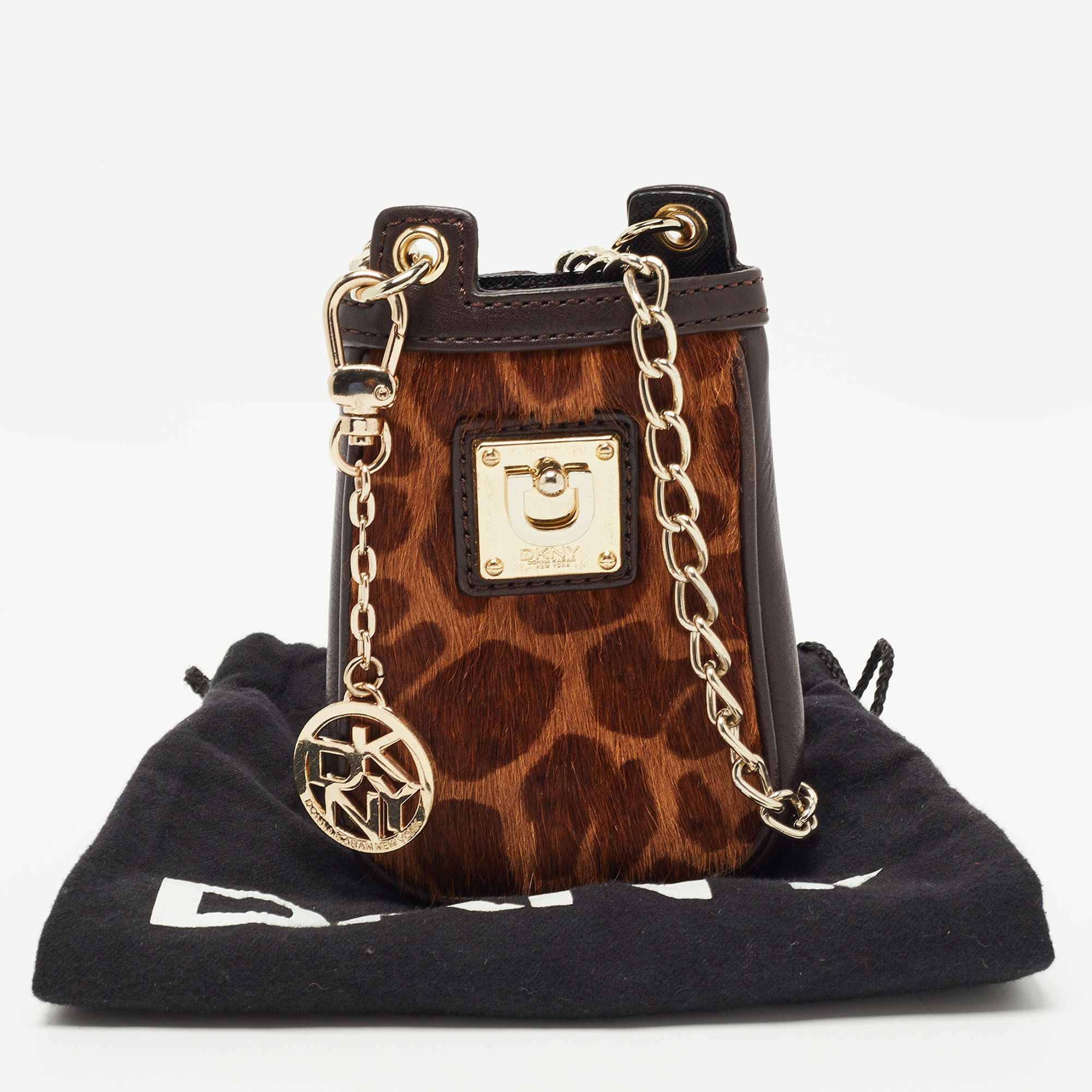DKNY Brown Leopard Print Calfhair And Leather Chain Phone Case