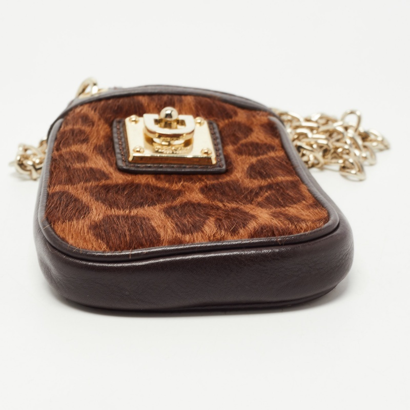 DKNY Brown Leopard Print Calfhair And Leather Chain Phone Case