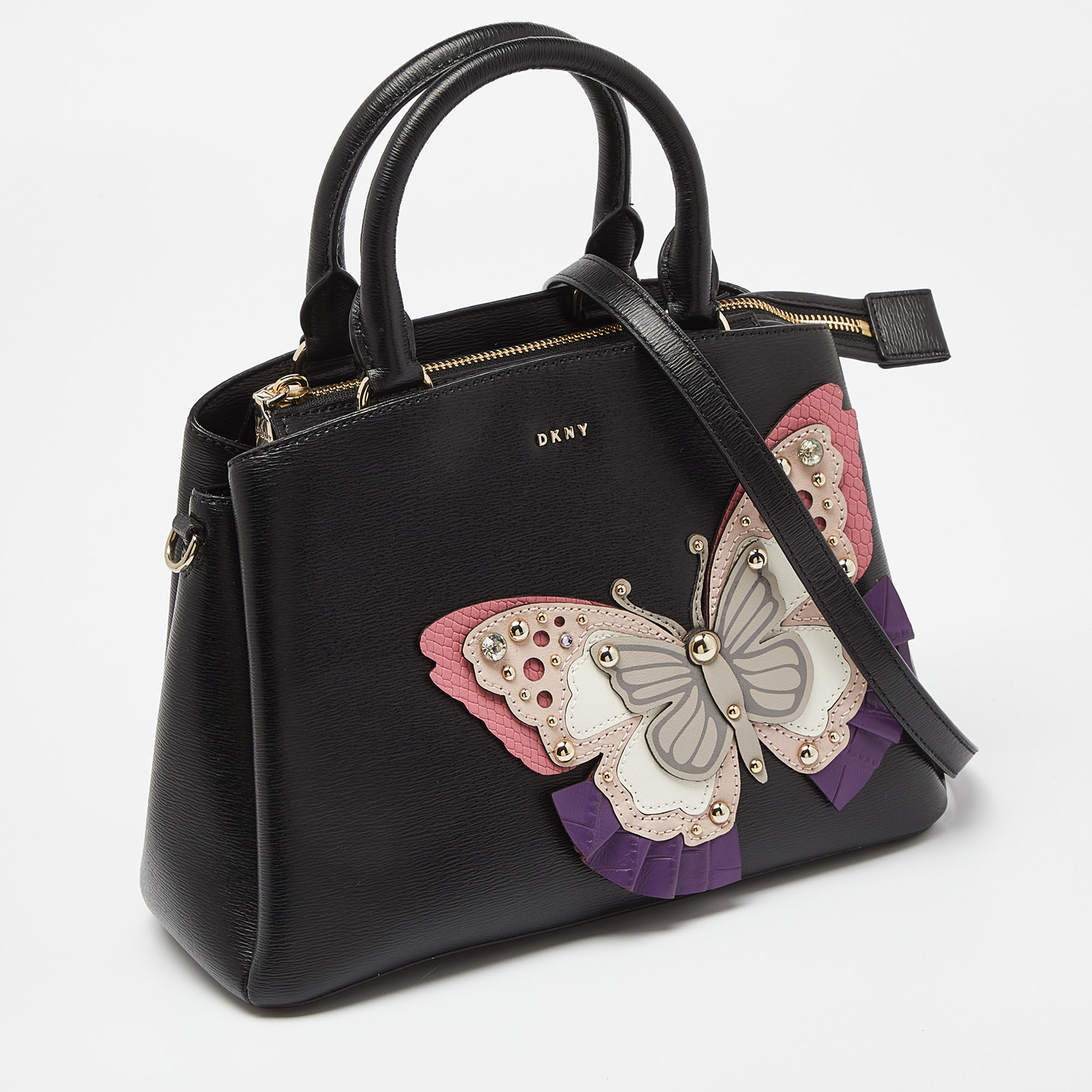 DKNY Black Leather Butterfly Embellished Paige Satchel