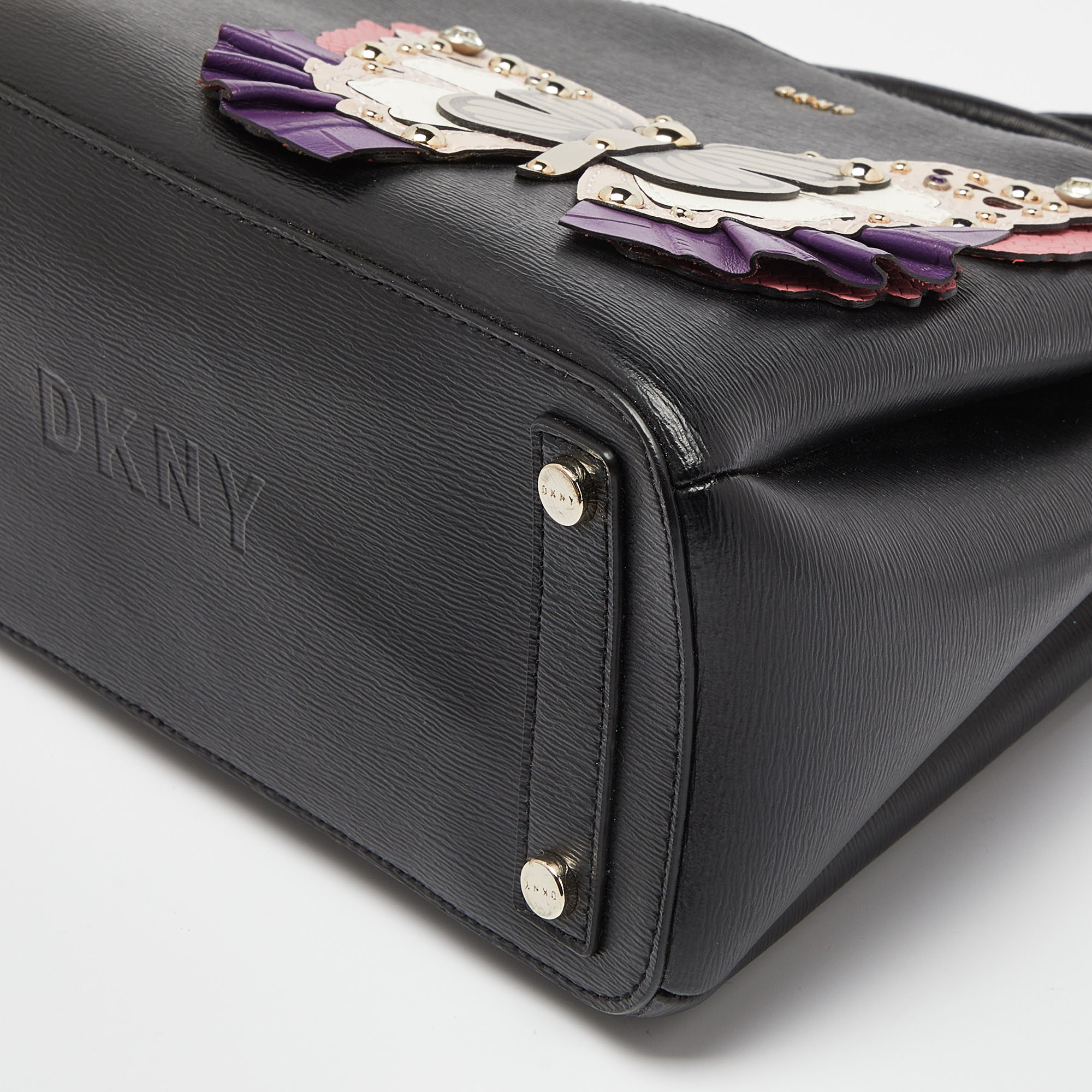 DKNY Black Leather Butterfly Embellished Paige Satchel