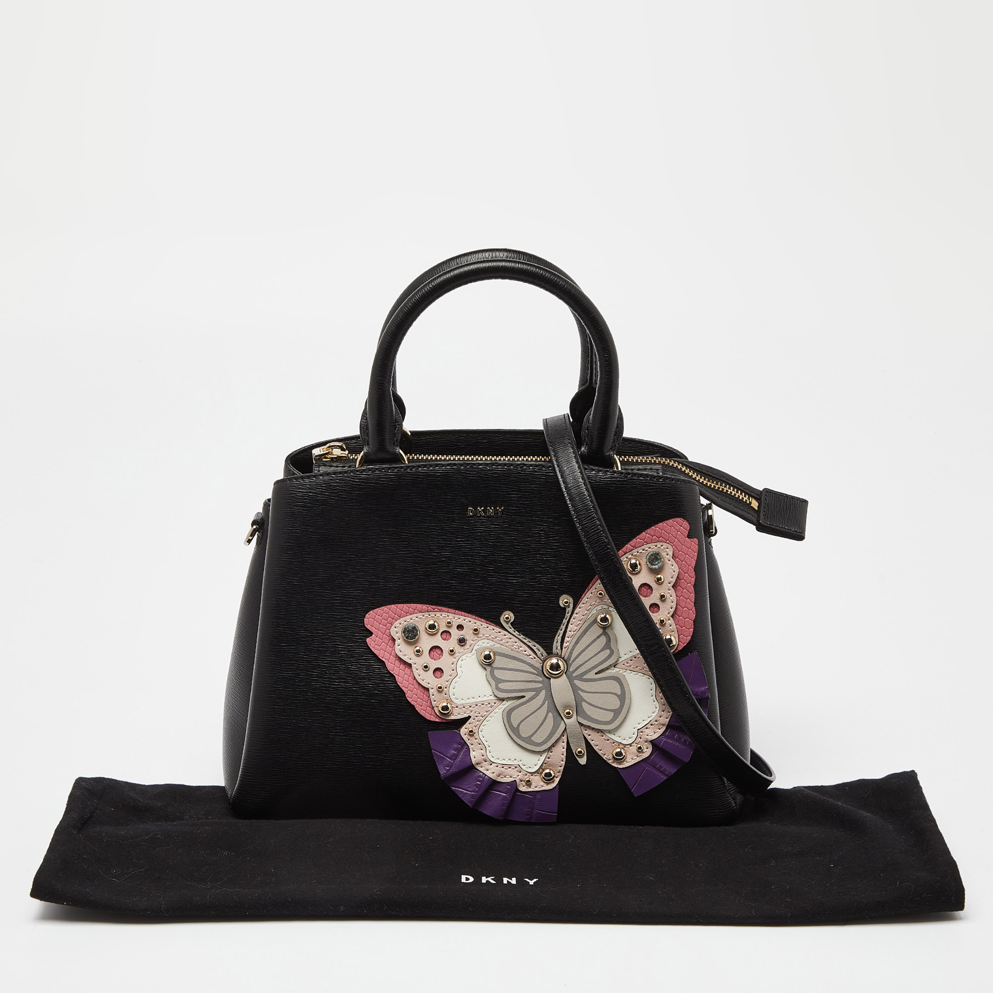 DKNY Black Leather Butterfly Embellished Paige Satchel