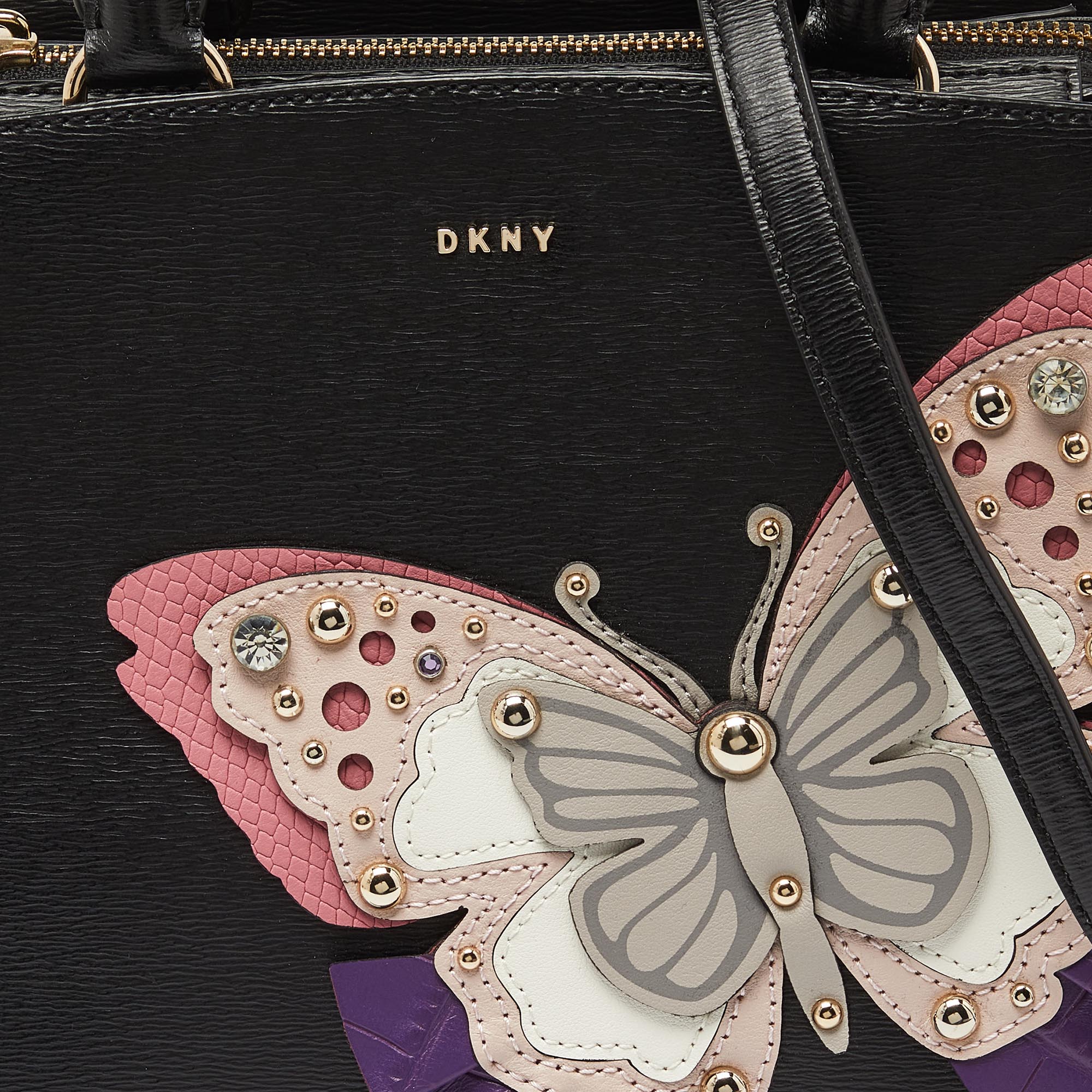 DKNY Black Leather Butterfly Embellished Paige Satchel