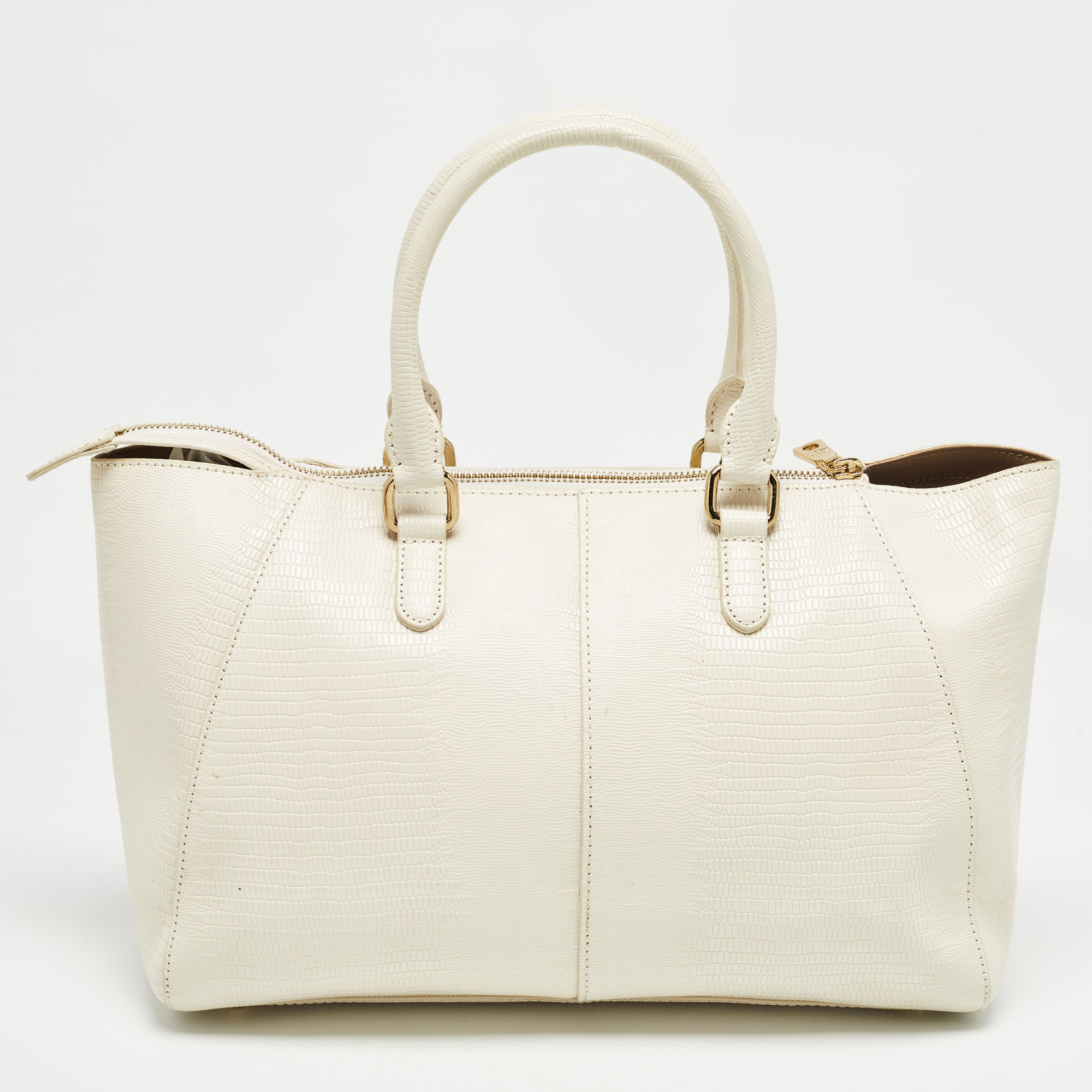 DKNY Off White Lizard Embossed Leather Top Zip Tote