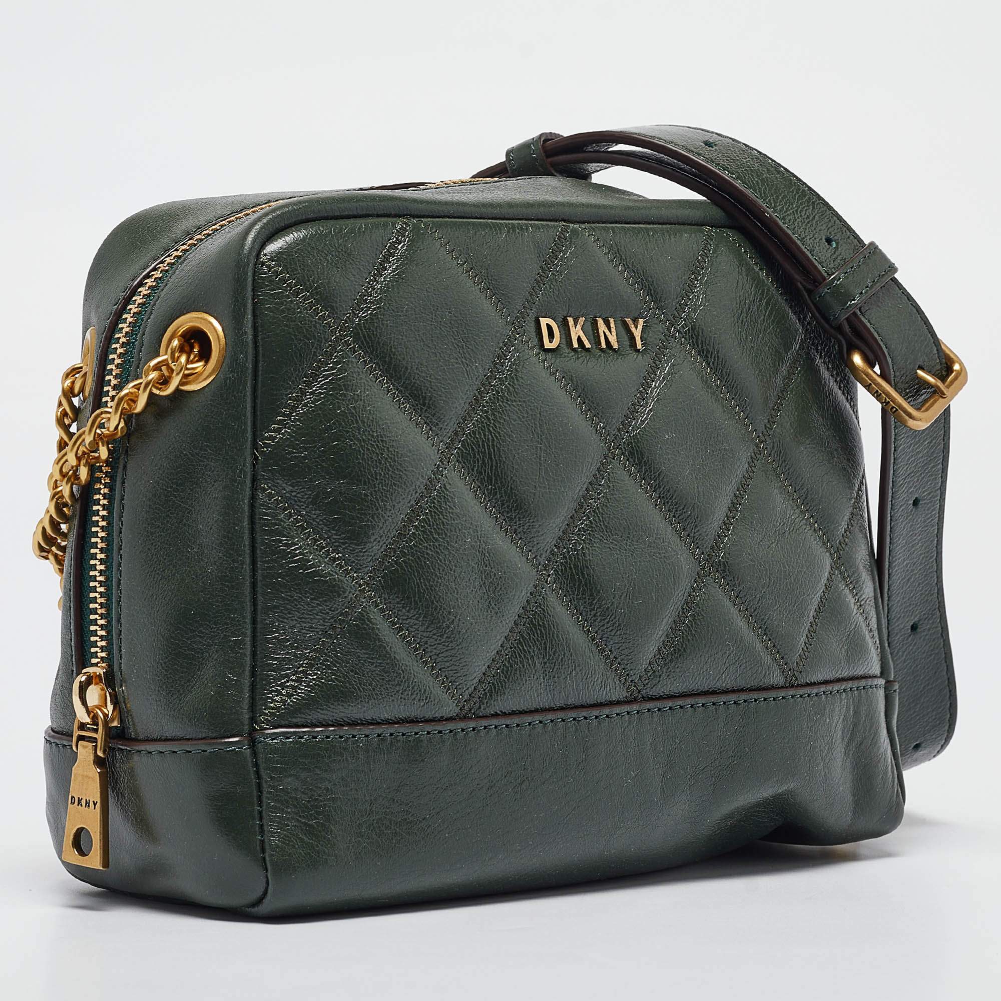 Dkny Green Quilted Glossy Leather Sofia Crossbody Bag