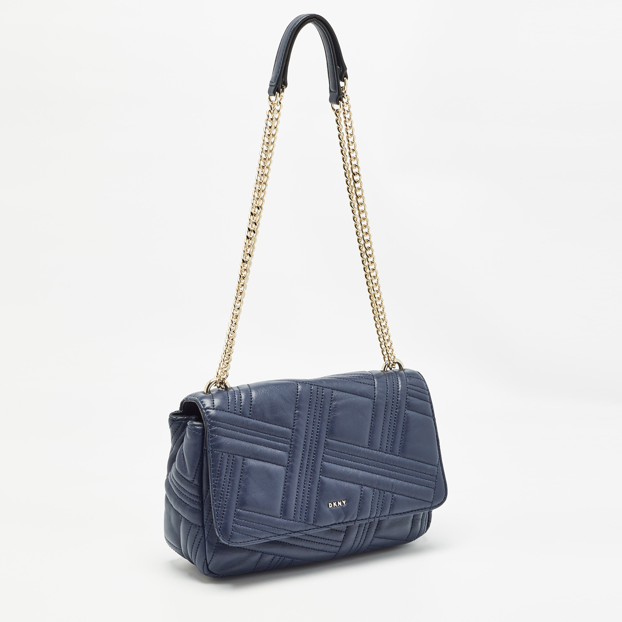 DKNY Navy Blue Quilted Leather Allen Flap Shoulder Bag