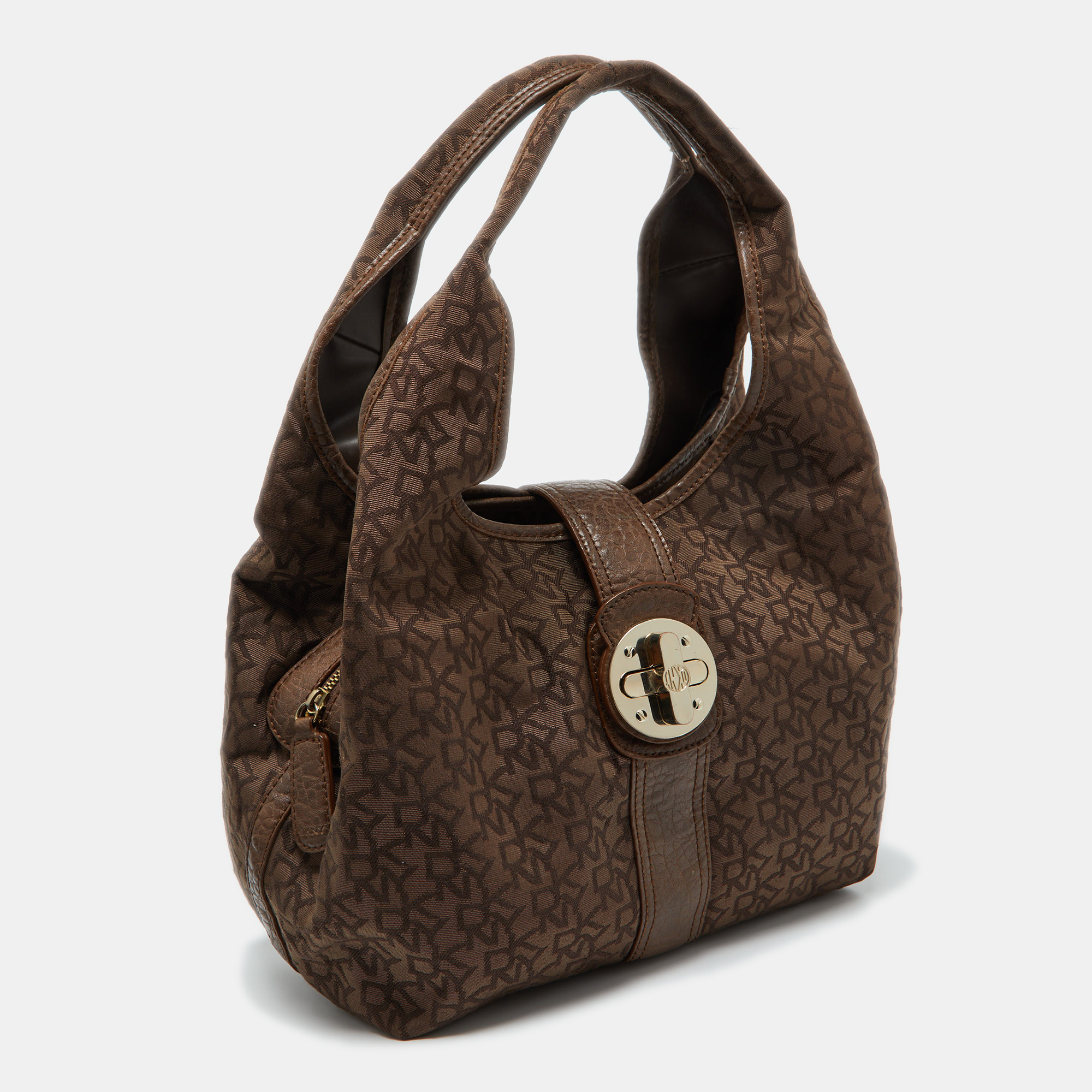 Dkny Brown Signature Canvas And Croc Embossed Leather Push Lock Hobo