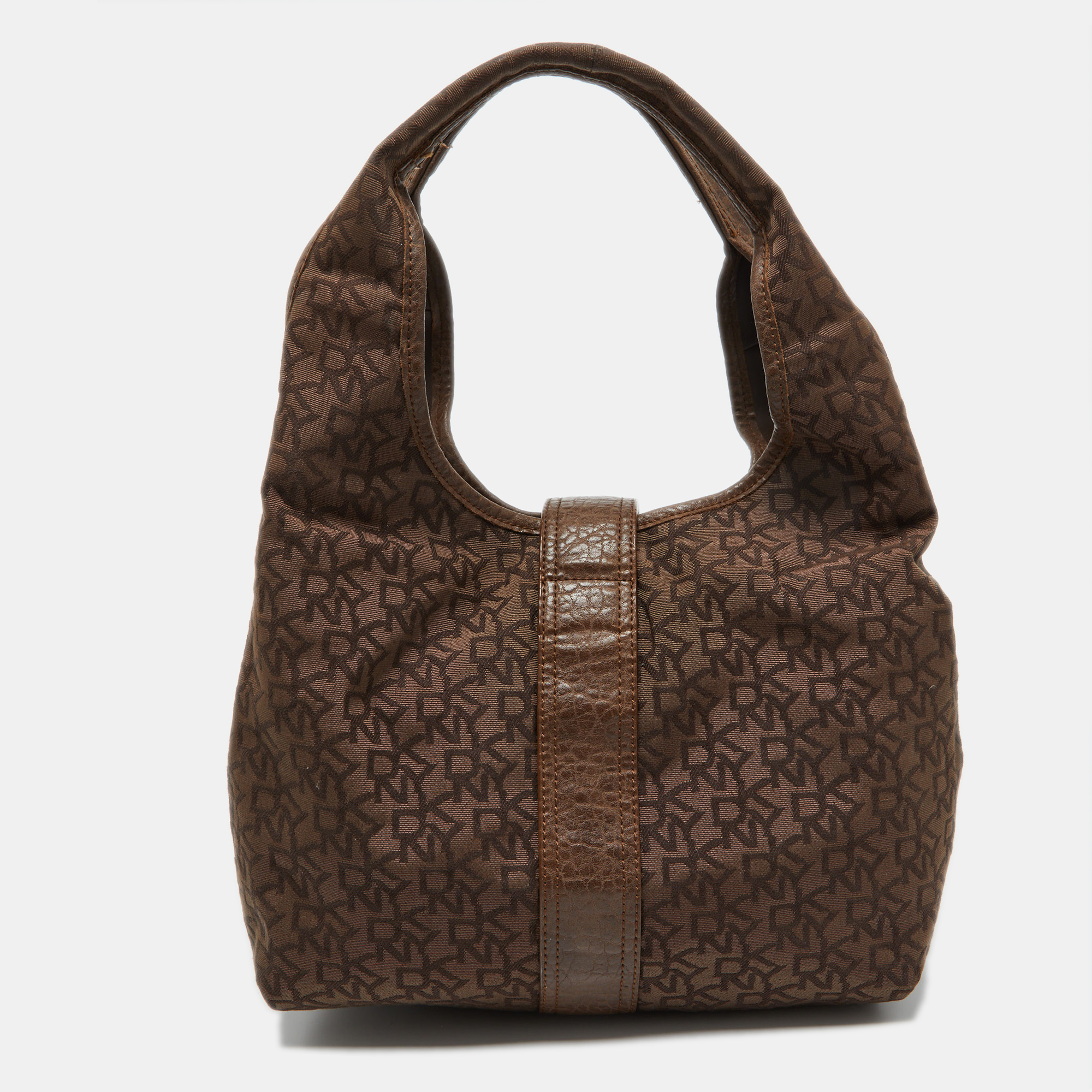 Dkny Brown Signature Canvas And Croc Embossed Leather Push Lock Hobo