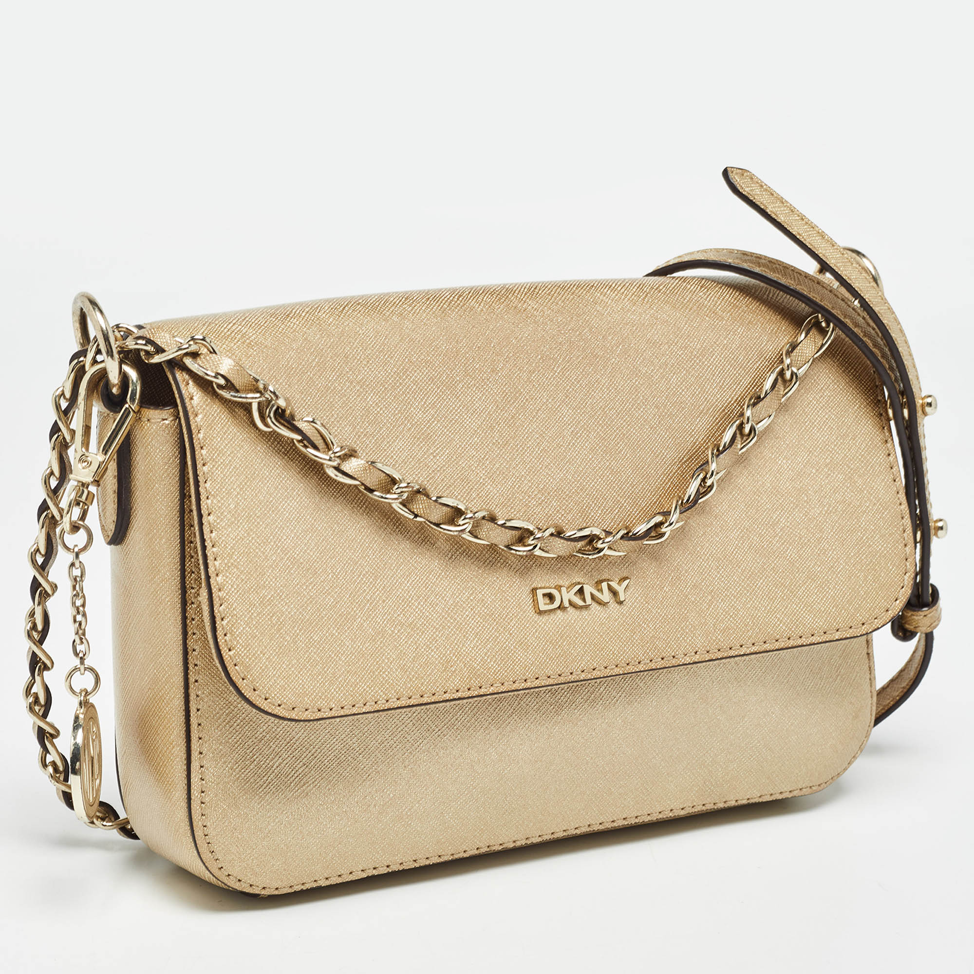 Dkny Gold Leather Logo Flap Crossbody Bag