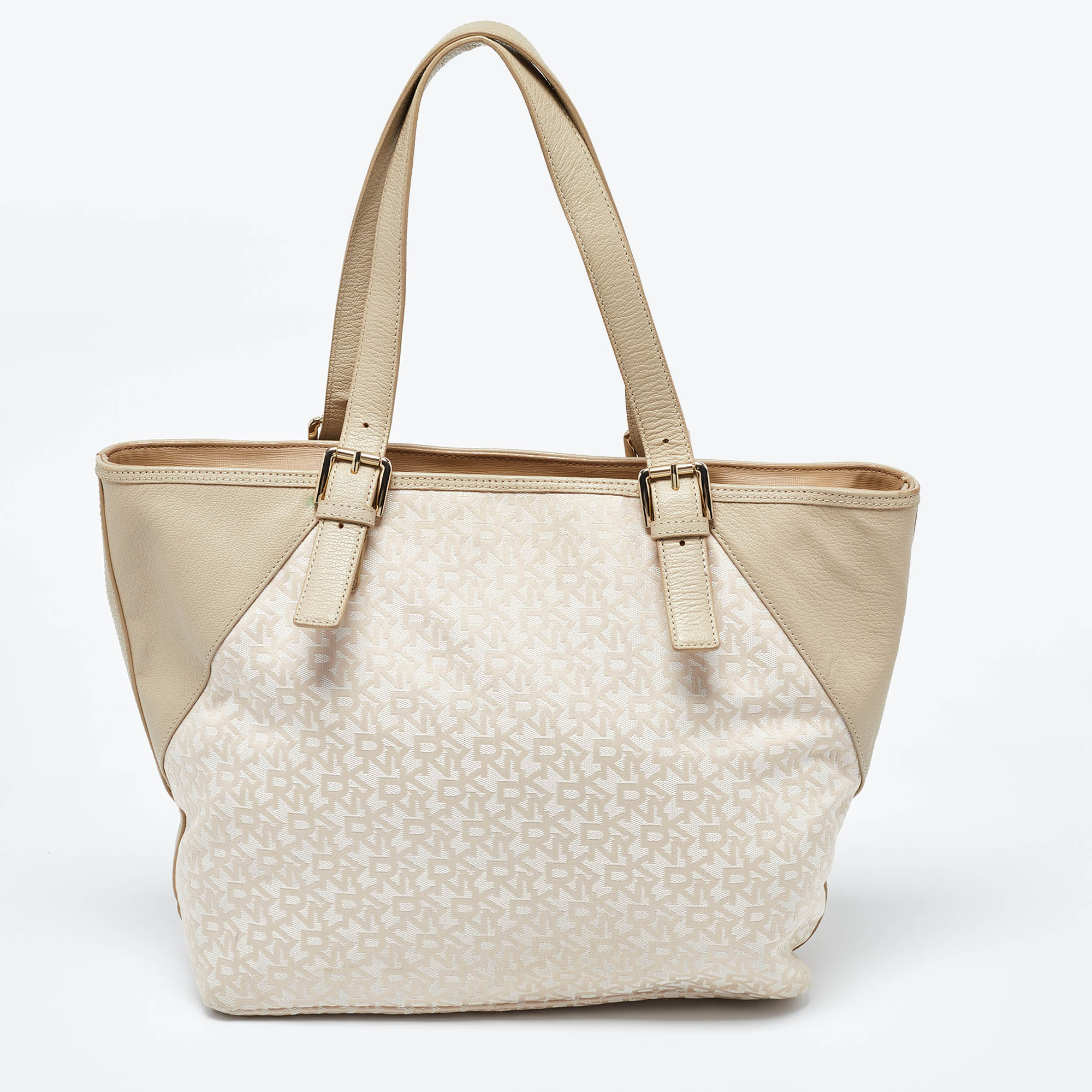 Dkny Cream/Beige Monogram Canvas And Leather Zip Tote