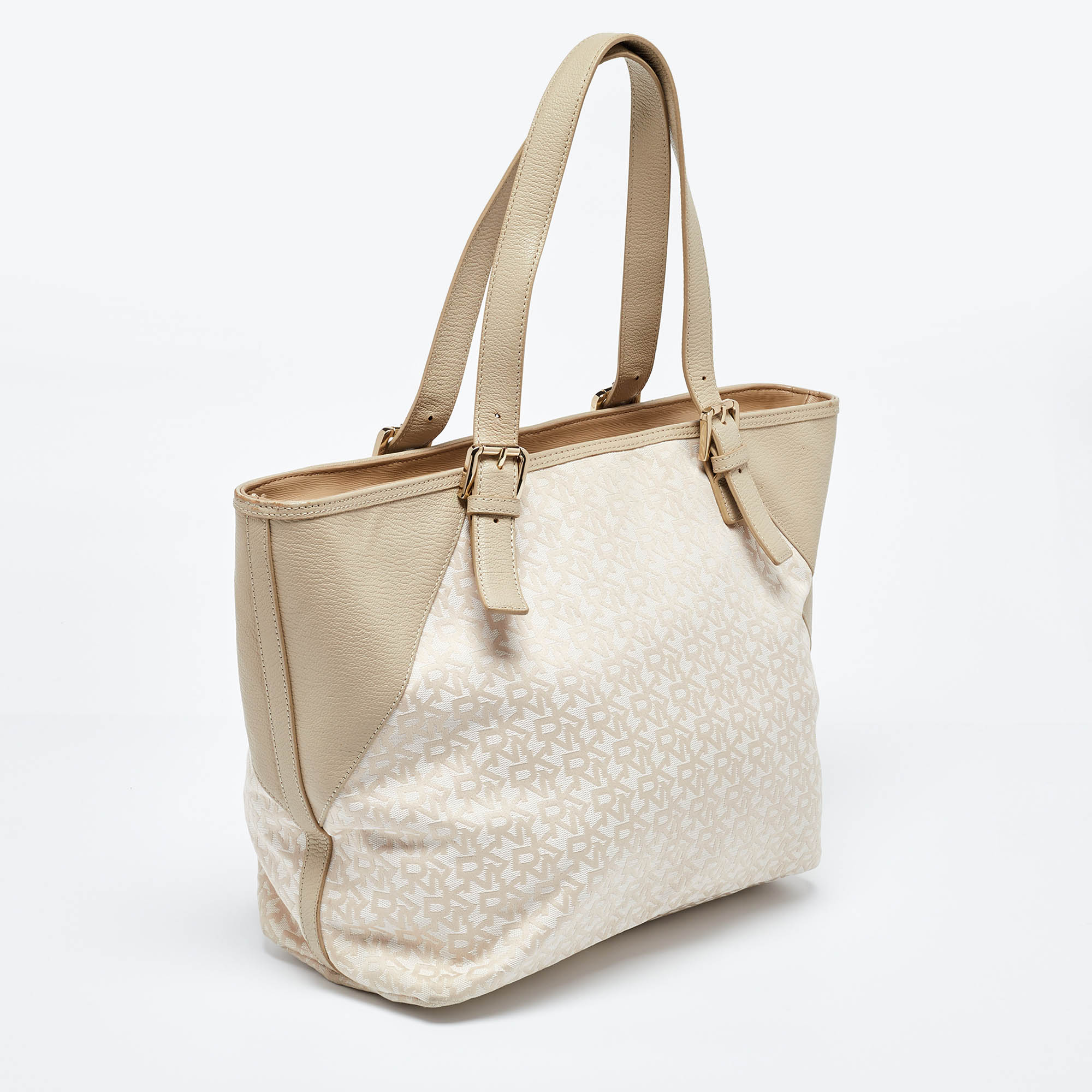 Dkny Cream/Beige Monogram Canvas And Leather Zip Tote