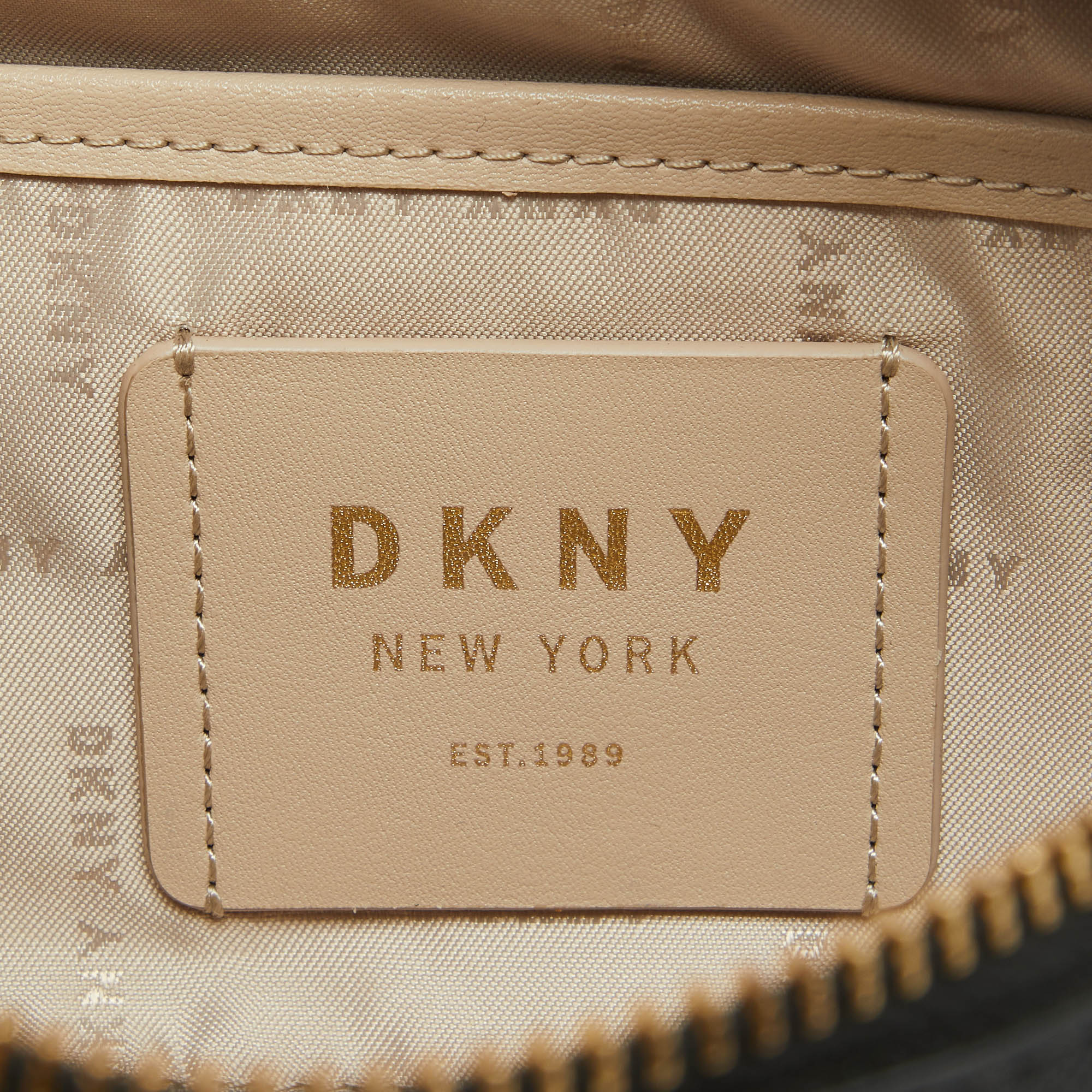 Dkny Black/Beige Monogram Coated Canvas And Leather Zip Top Handle Bag