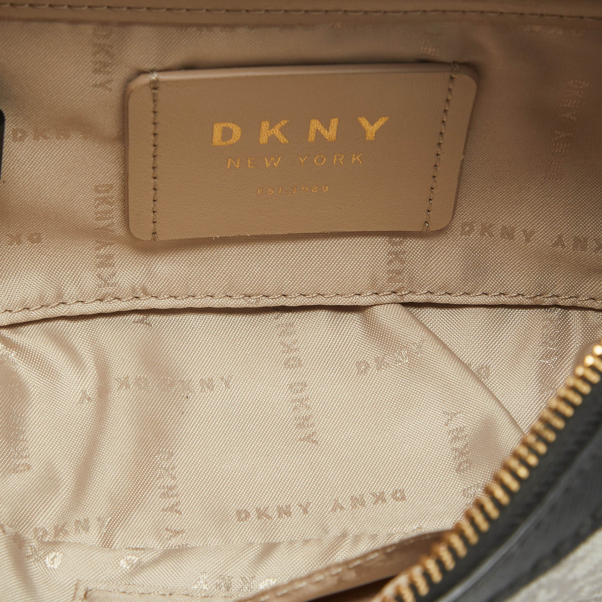 Dkny Black/Beige Monogram Coated Canvas And Leather Zip Top Handle Bag