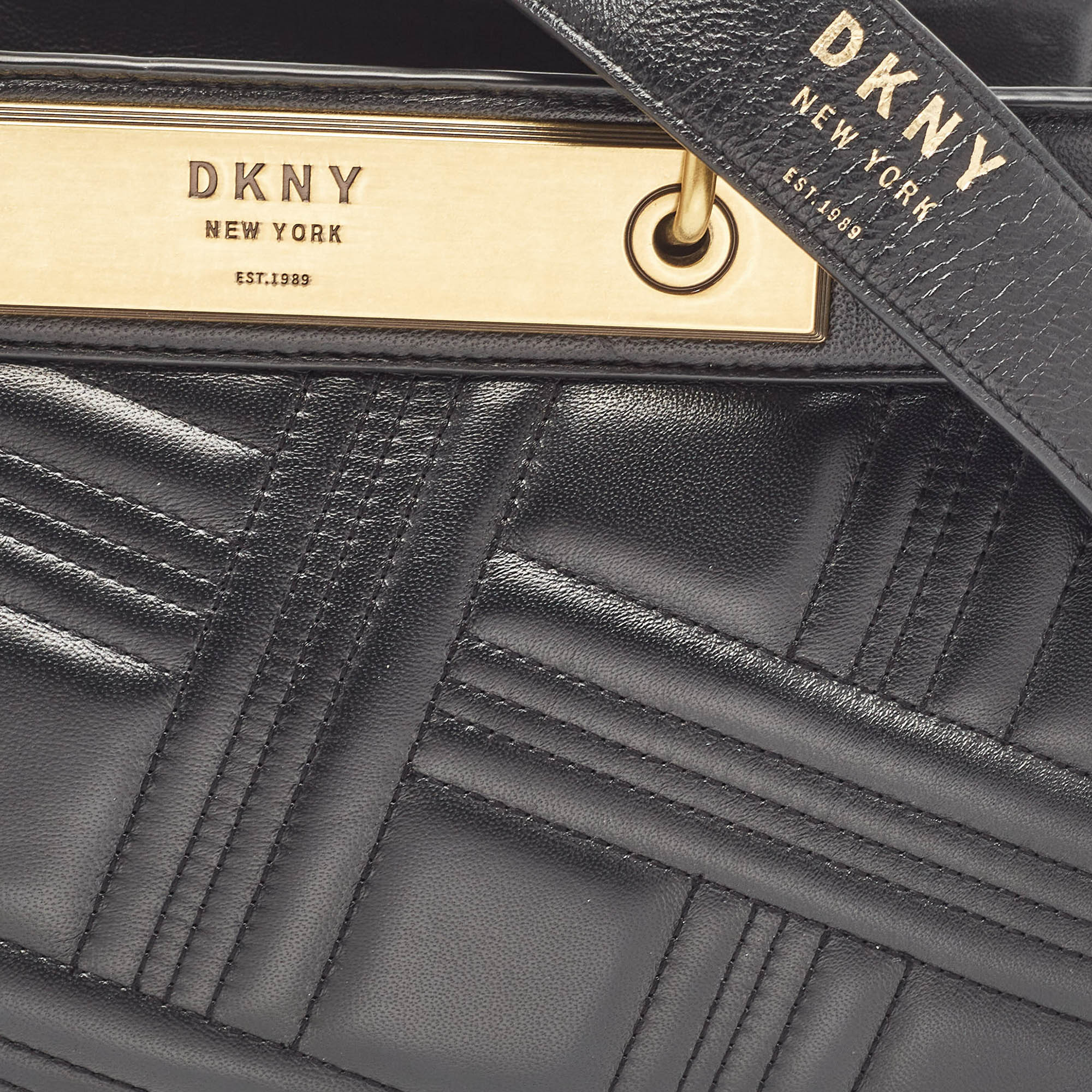 DKNY Black Quilted Leather Frame Top Handle Bag