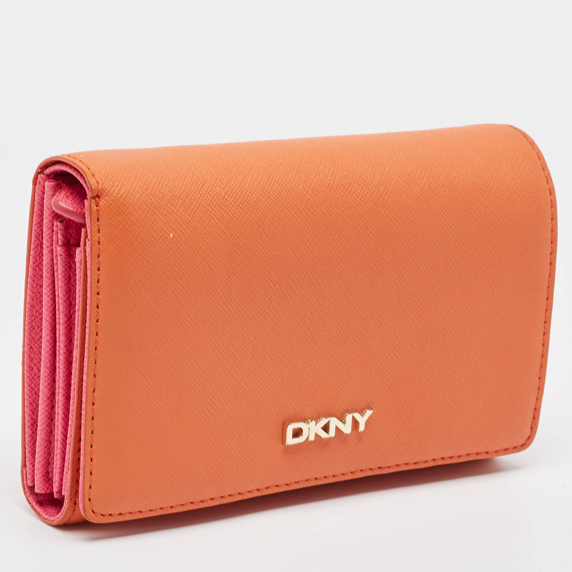 Dkny Orang/Pink Leather French Flap Wallet