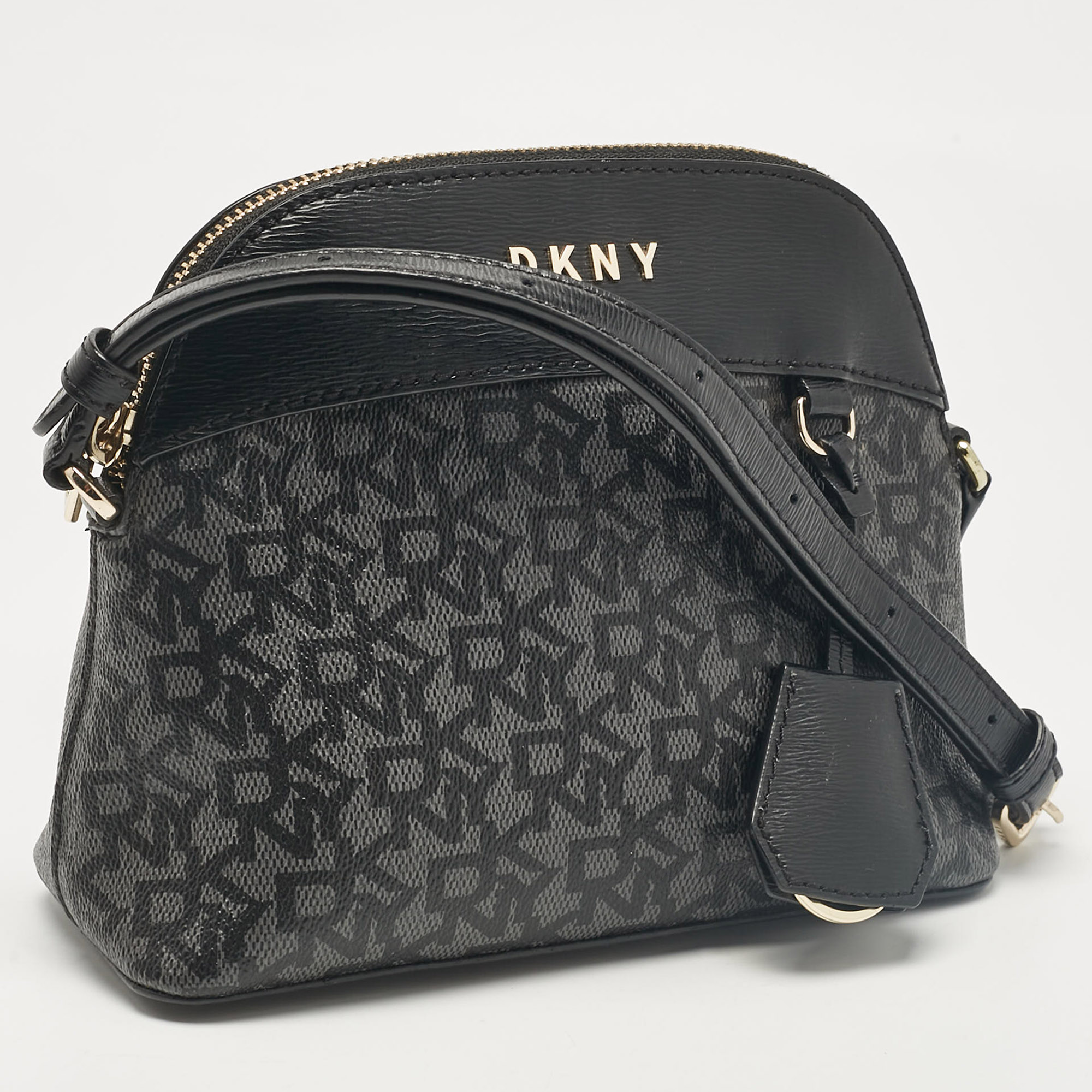 Dkny Black Monogram Coated Canvas And Leather Dome Crossbody Bag