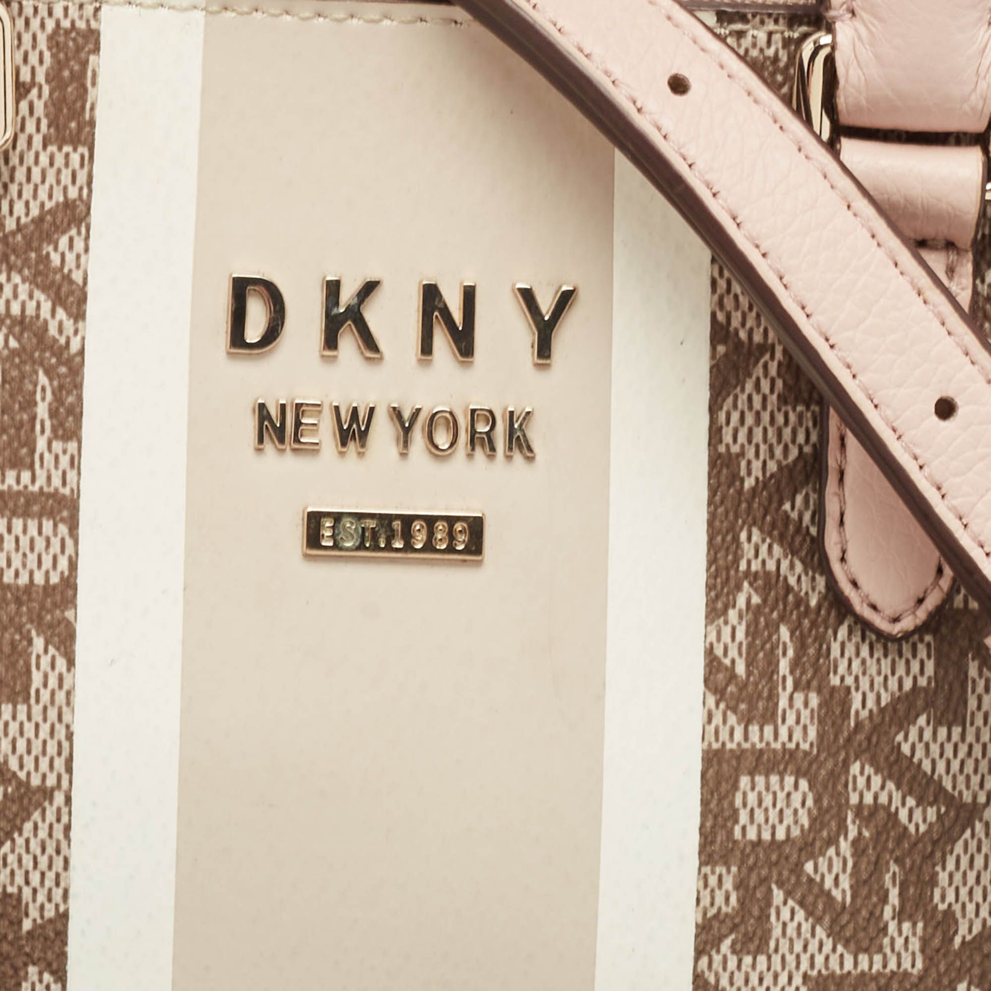 Dkny Pink/Beige Signature Coated Canvas And Leather Stripe Dome Satchel