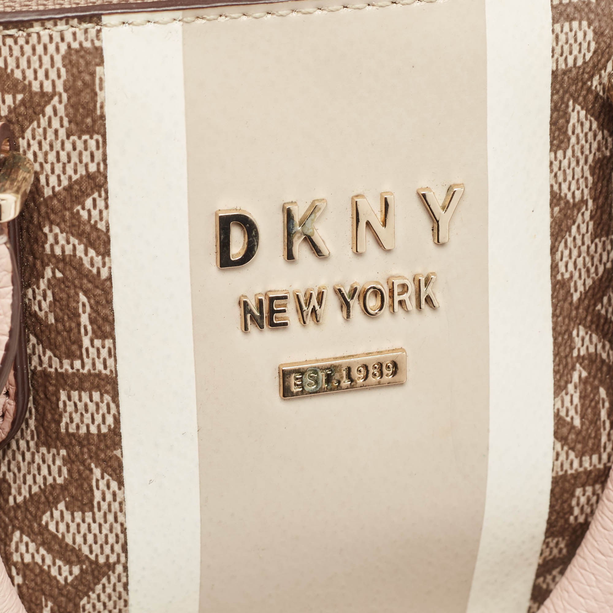 Dkny Pink/Beige Signature Coated Canvas And Leather Stripe Dome Satchel