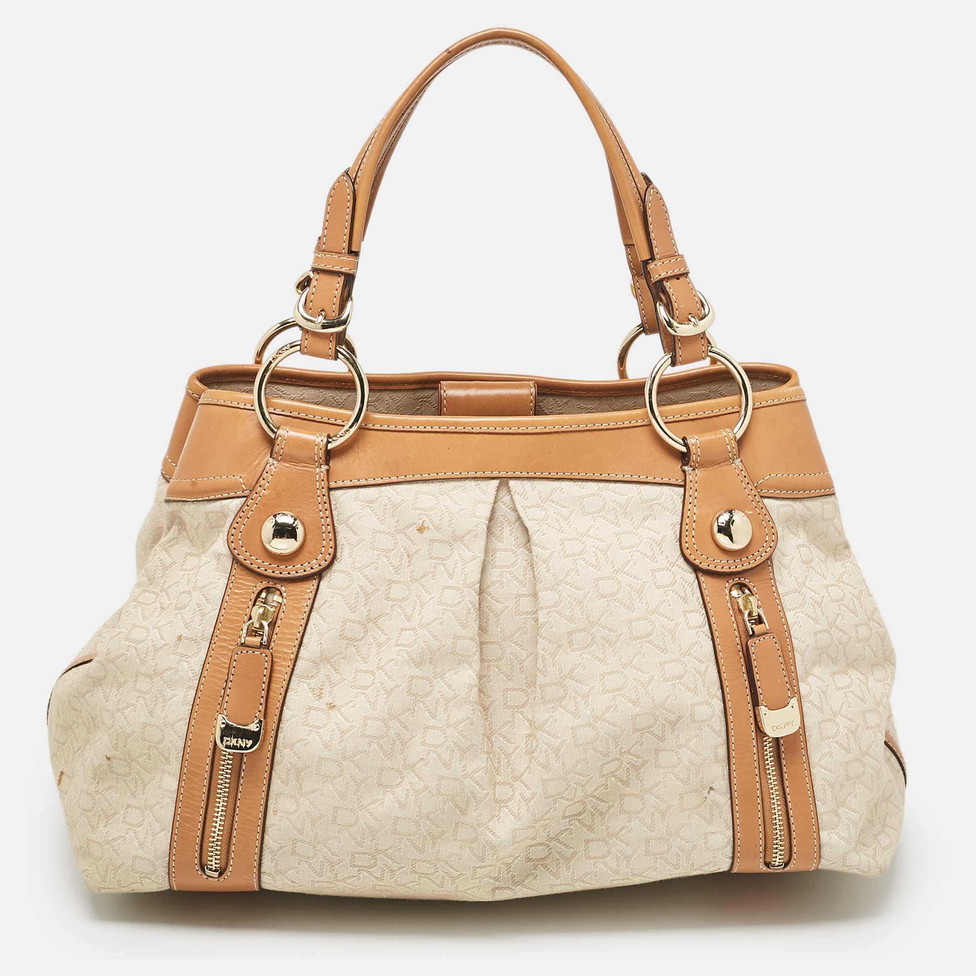 DKNY Beige/Brown Monogram Canvas And Leather Front Zip Tote