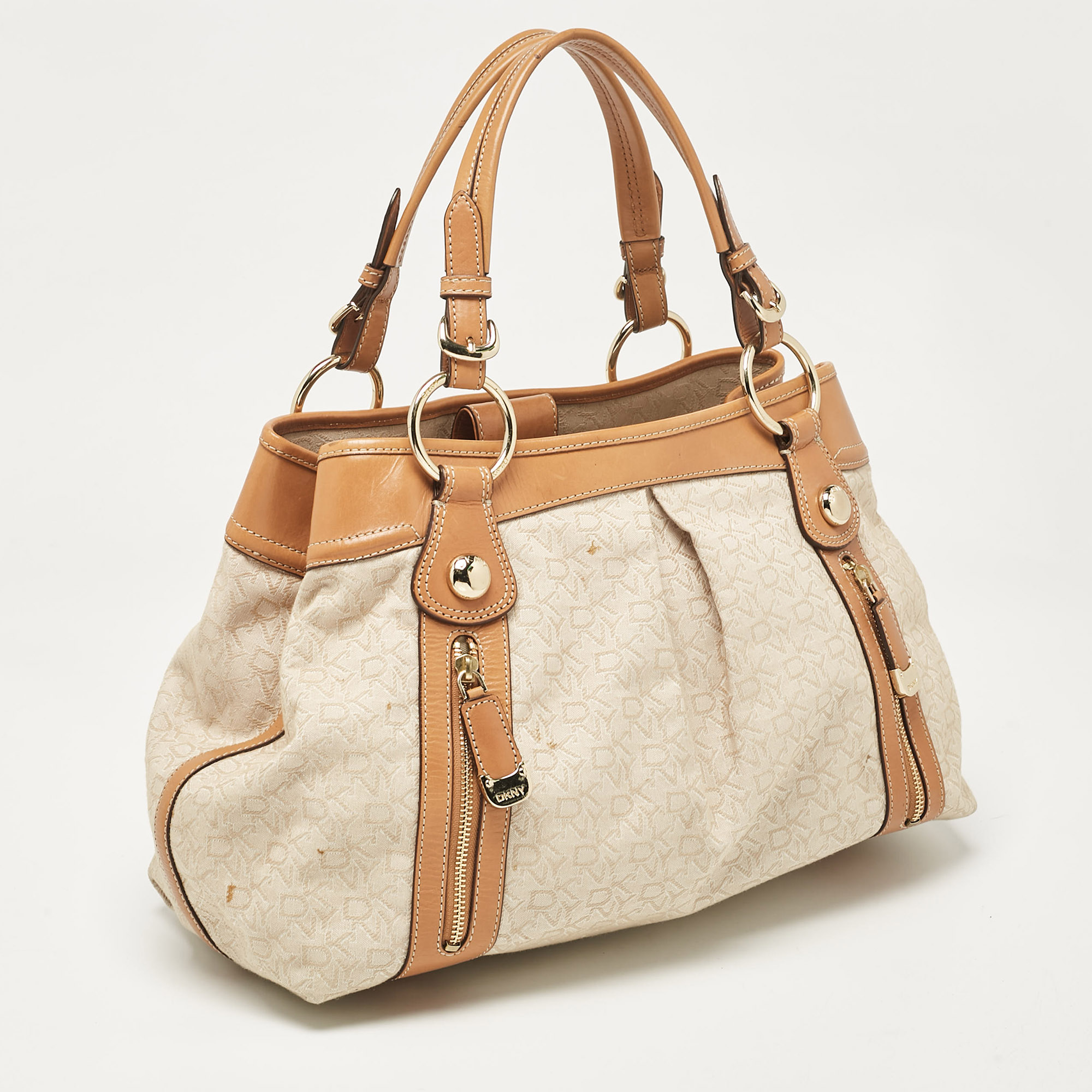 DKNY Beige/Brown Monogram Canvas And Leather Front Zip Tote