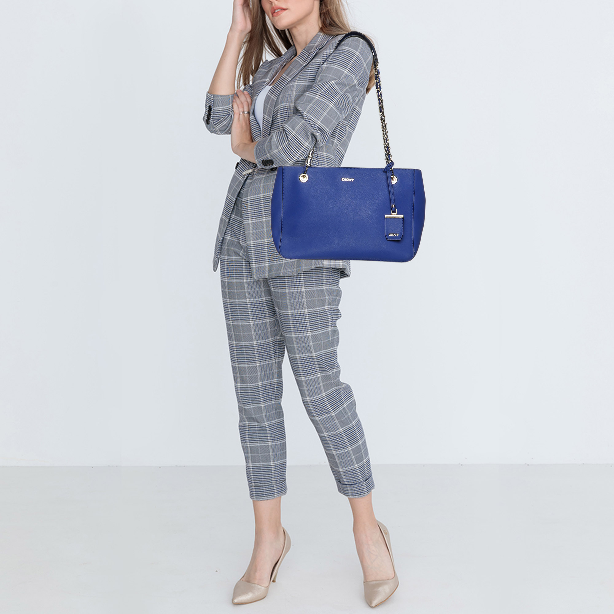 DKNY Blue Leather Chain Zip Tote