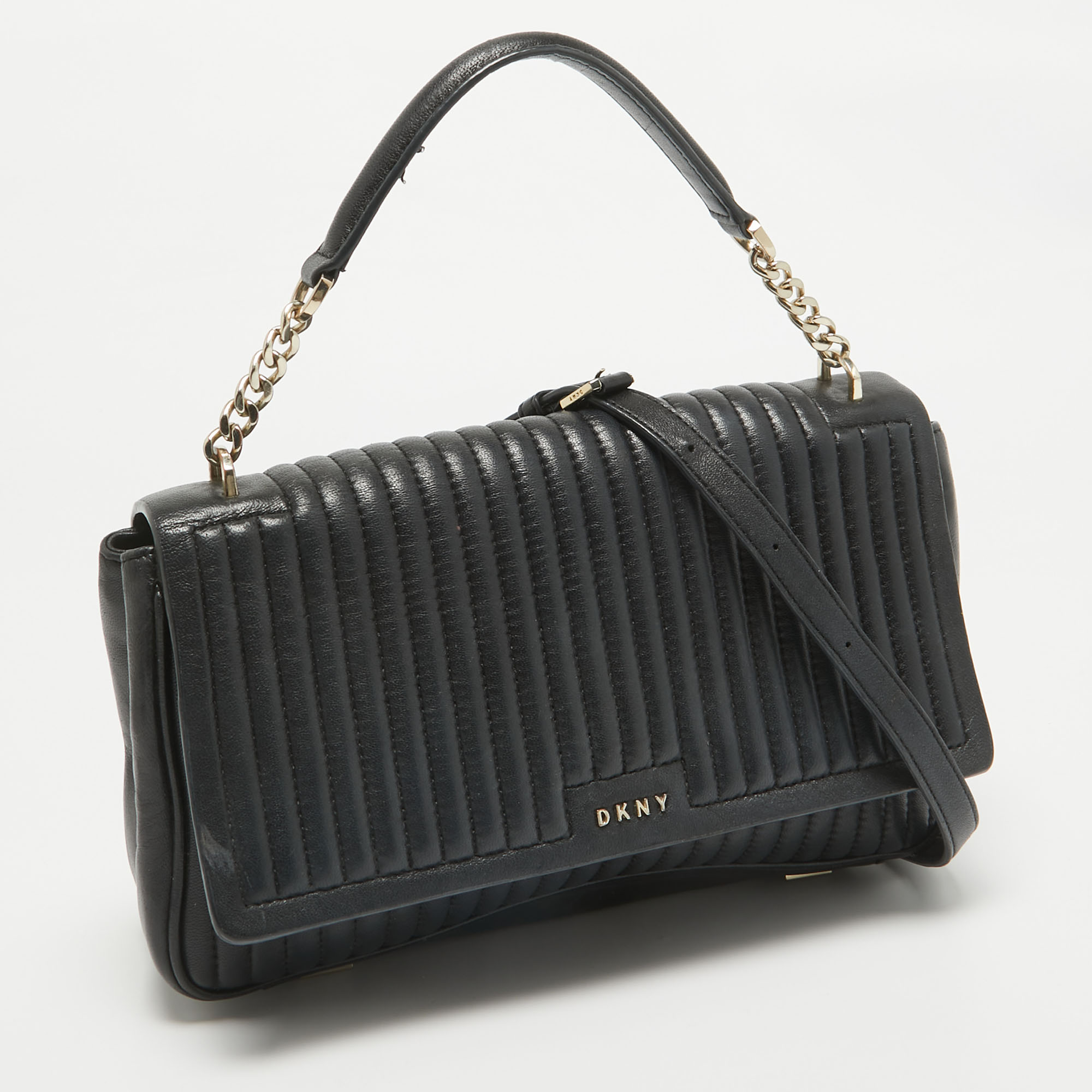 DKNY Black Pinstripe Quilted Leather Gansevoort Top Handle Bag