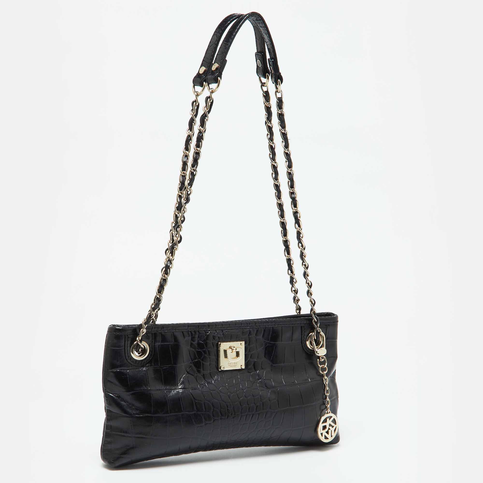 DKNY Black Croc Embossed Leather Shoulder Bag