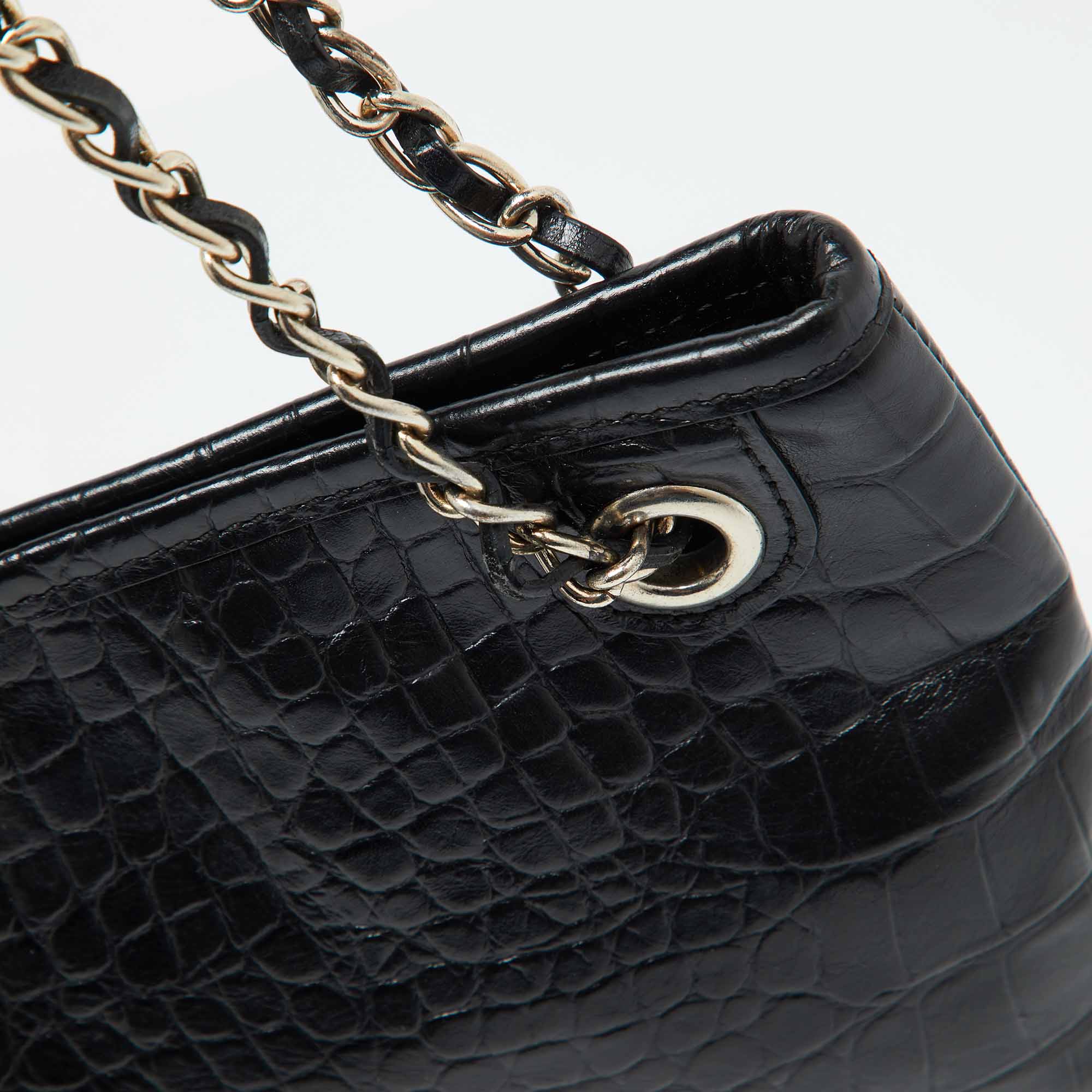 DKNY Black Croc Embossed Leather Shoulder Bag