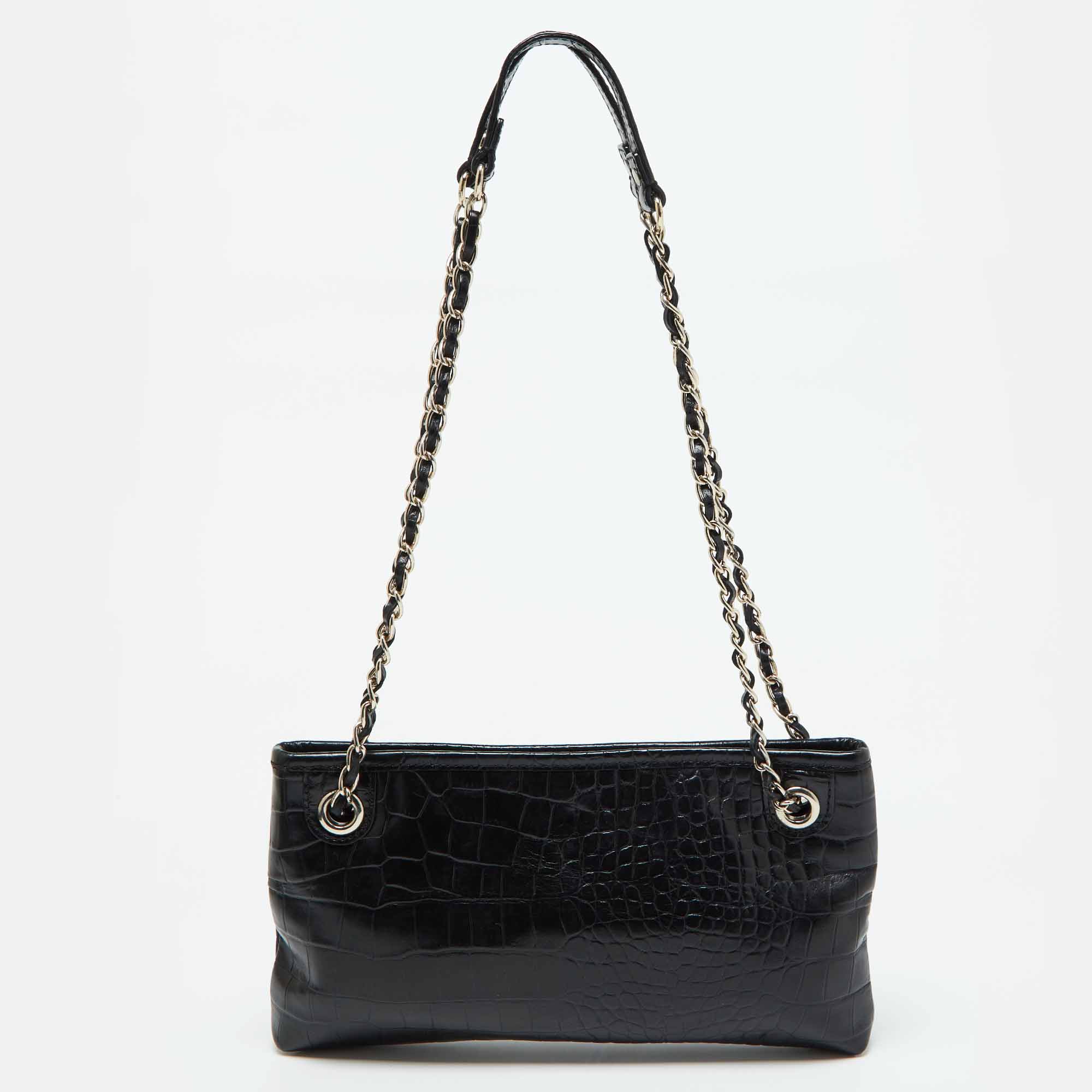 DKNY Black Croc Embossed Leather Shoulder Bag