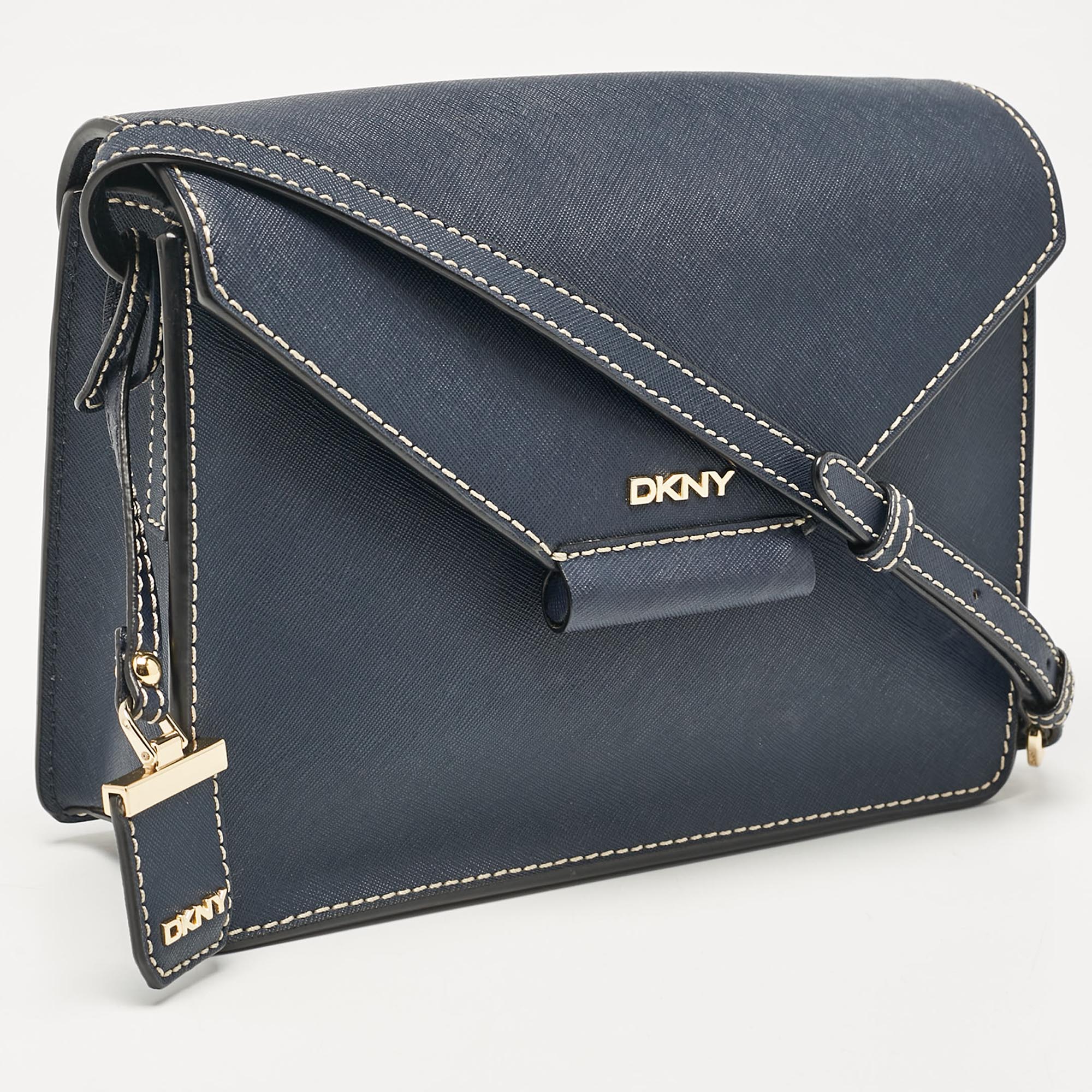 DKNY Navy Blue Saffiano Leather Envelope Flap Shoulder Bag