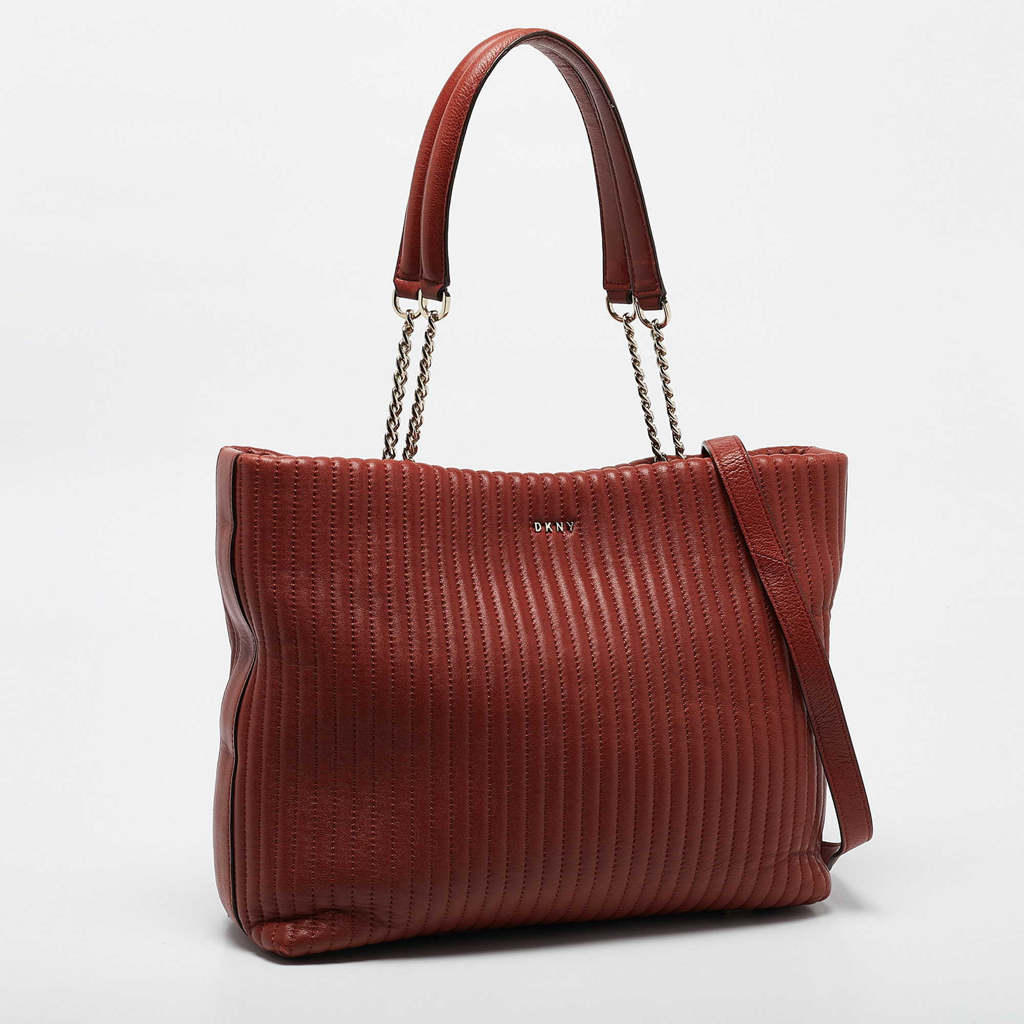 DKNY Brick Red Leather Pinstripe Gansevoort Tote