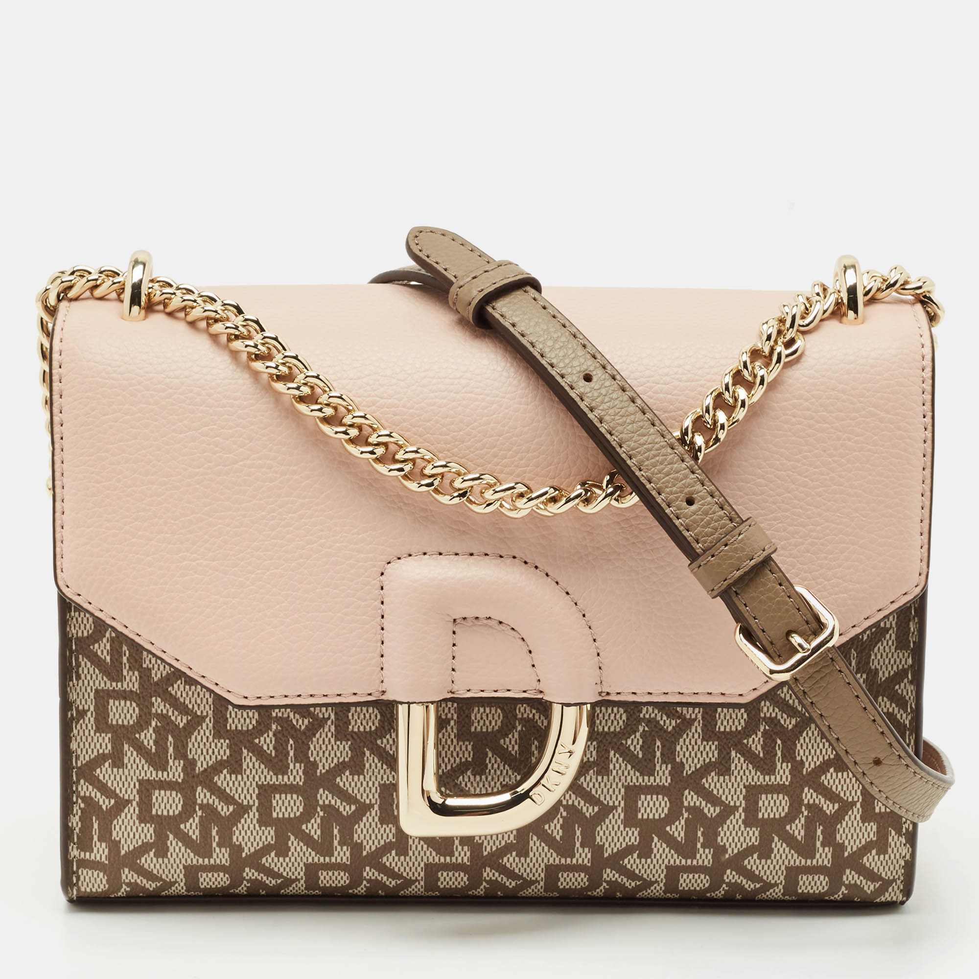 DKNY Light Pink/Beige Signature Coated Canvas and Leather Von Flap Shoulder Bag
DKNY Light Pink/Beige Signature Coated Canvas and Leather Von Flap Shoulder Bag