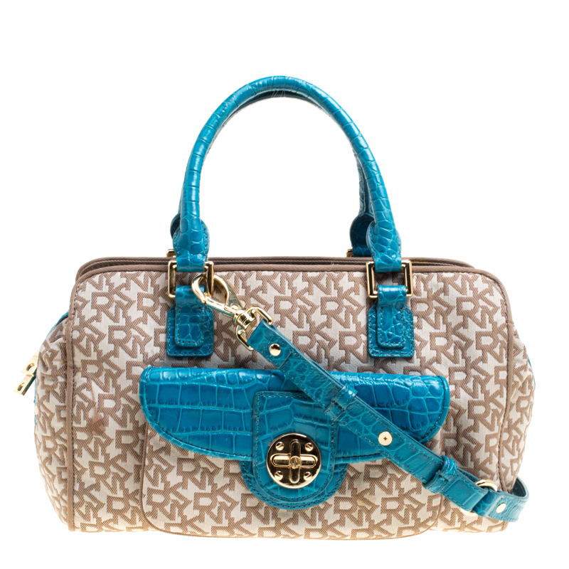 Image of DKNY Beige/Blue Signature Canvas and Croc Embossed Leather Satchel