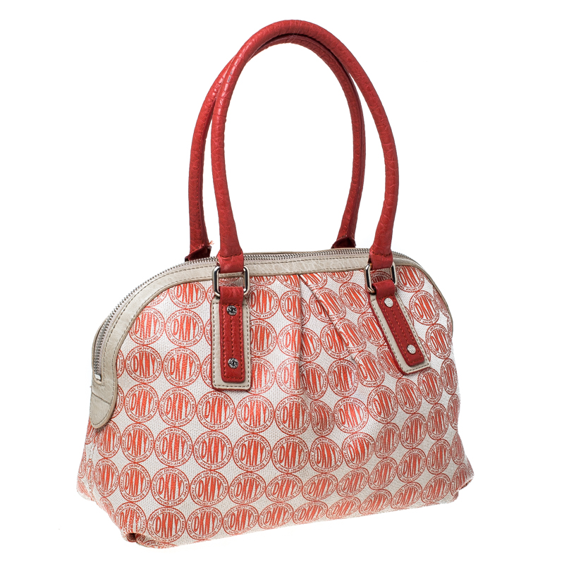 DKNY Red/White Signature PVC And Leather Dome Satchel