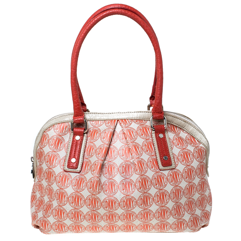 DKNY Red/White Signature PVC And Leather Dome Satchel
